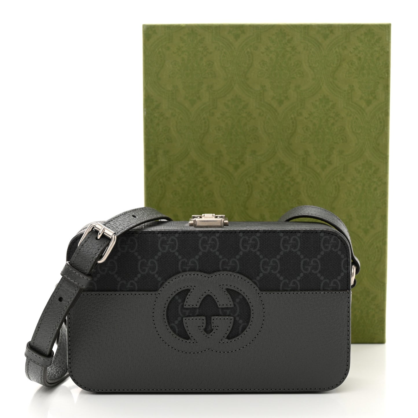 GG Supreme Monogram Textured Dollar Calfskin Mini New Basket Shoulder Bag Black Grey
