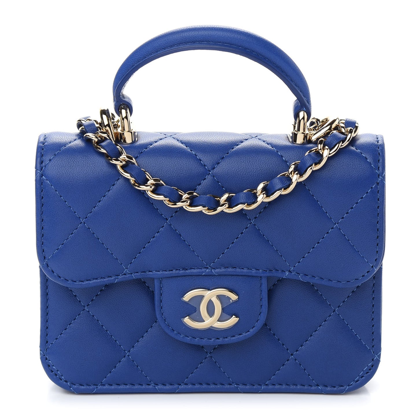 Lambskin Quilted Top Handle Flap Coin Purse With Chain Blue