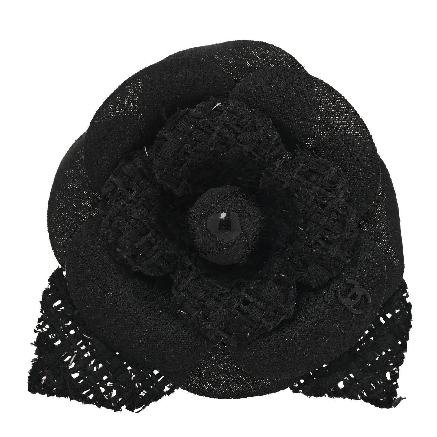 Tweed Fabric Camellia Pin Brooch Black