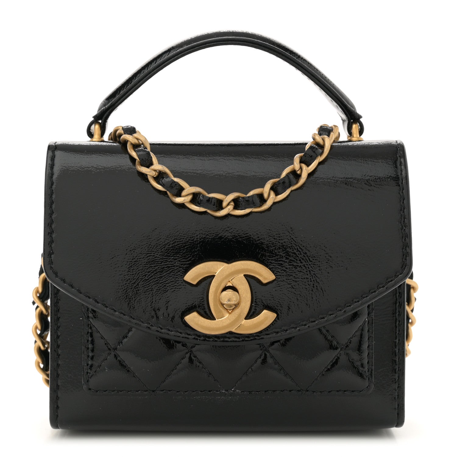 【CHANEL】ハンガー　ブラック Chanel Shiny Lambskin Quilted Top Handle Card Holder On Chain
