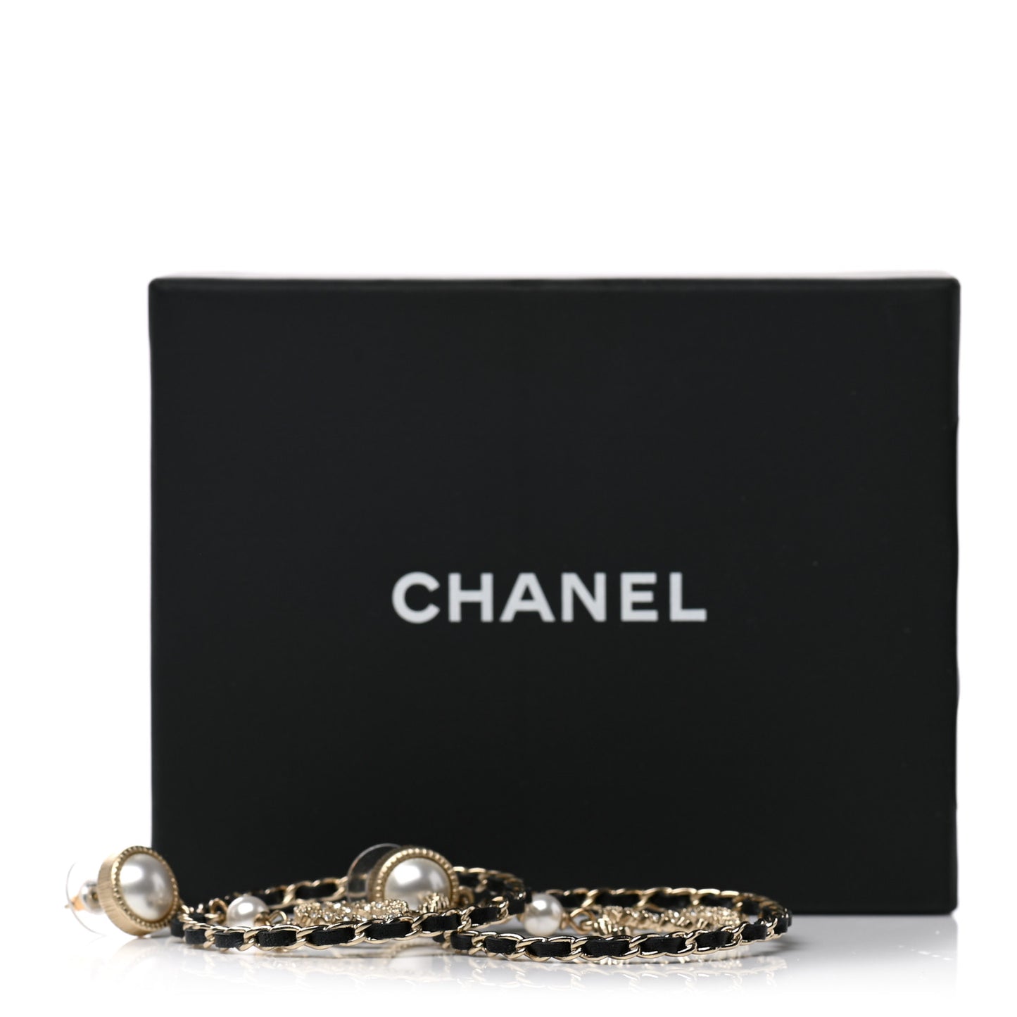 Lambskin Crystal Pearl CC Chain Hoop Earrings Gold Black