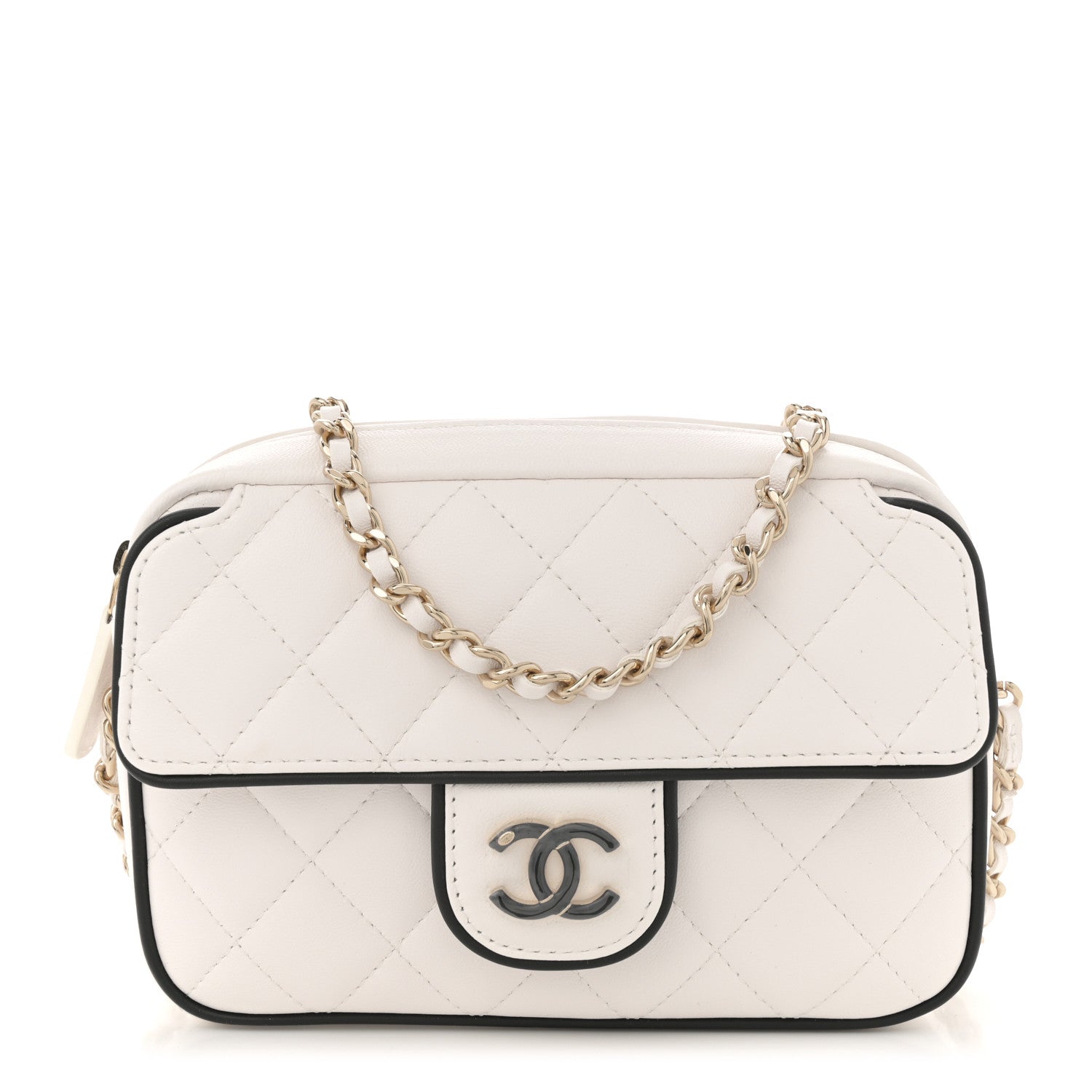Chanel Lambskin Resin Quilted Chain Camera Bag White Black 1727448 Chanel Lambskin Resin Quilted Chain Camera Bag White Black 1727448