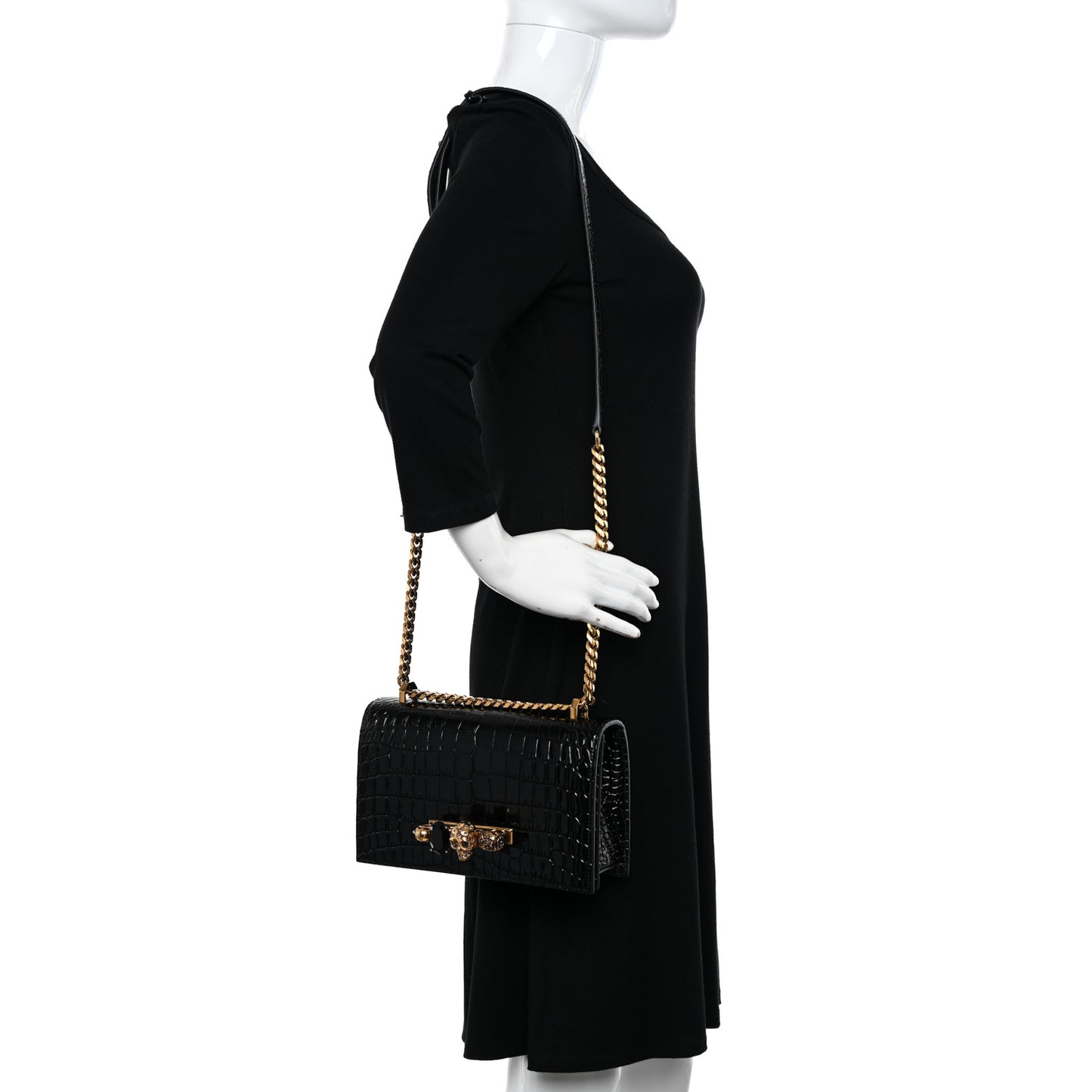 Calfskin Crocodile Embossed Mini Jeweled Satchel Black