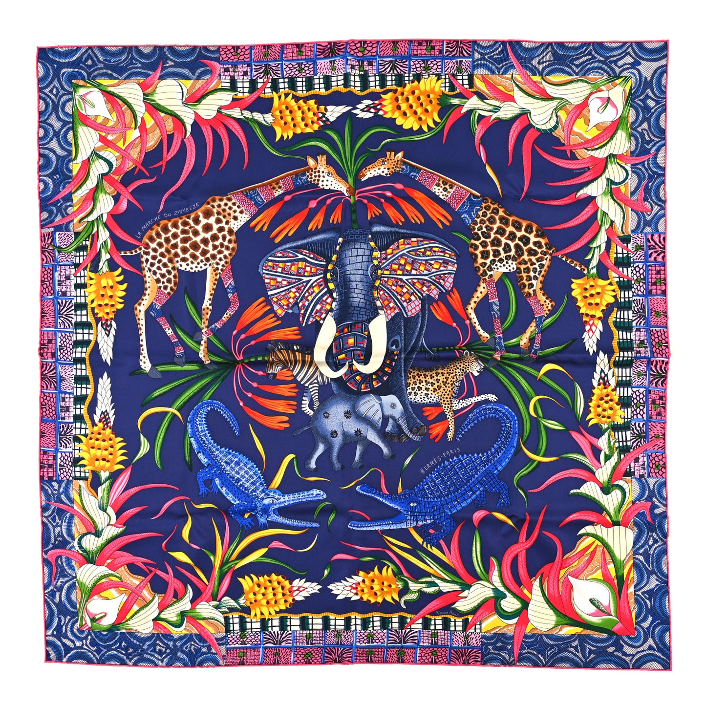 Silk La Marche Du Zambeze Scarf 90 Indigo Rose Vif Multicolor
