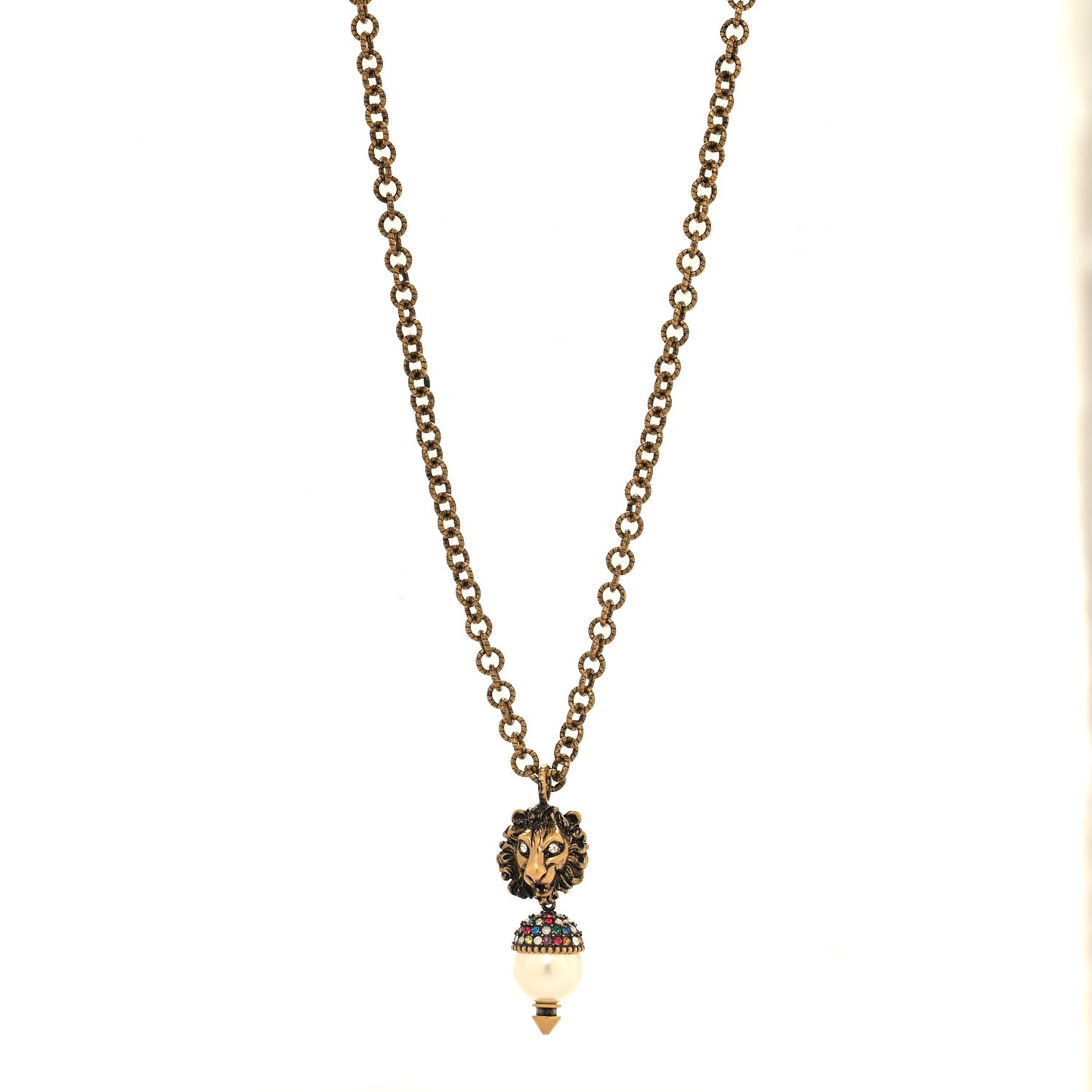 Metal Crystal Pearl Lion Head Necklace Aged Gold