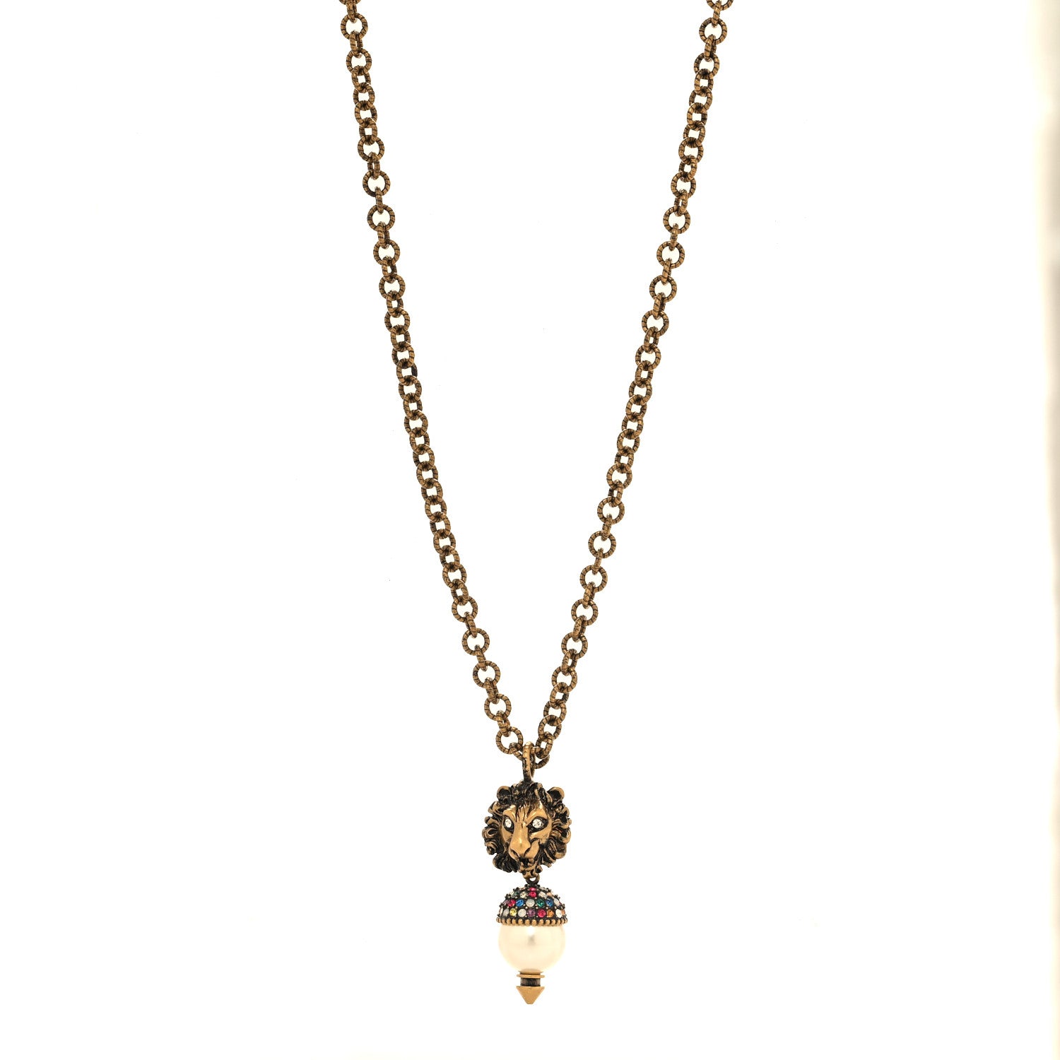 Gucci Metal Crystal Pearl Lion Head Necklace Aged Gold 1 of 4