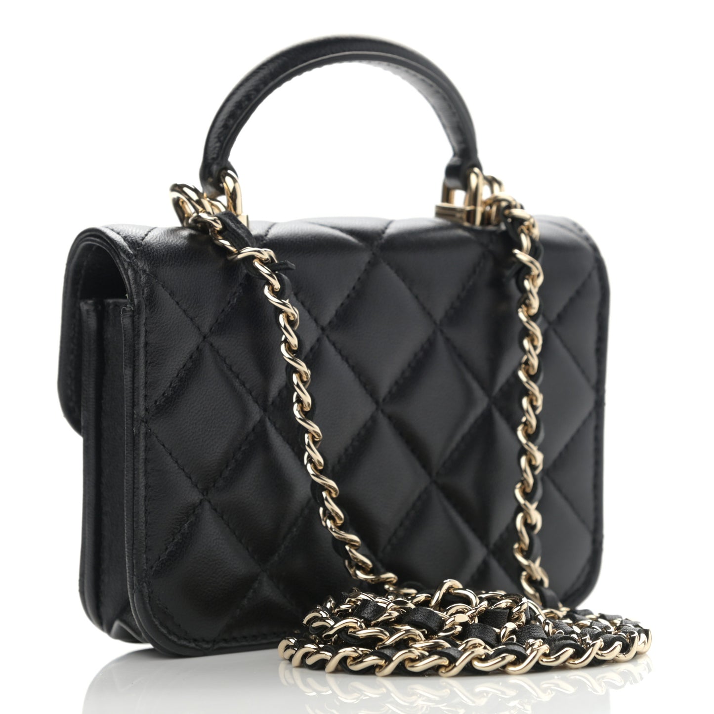 Lambskin Quilted Top Handle Flap Coin Purse With Chain Black