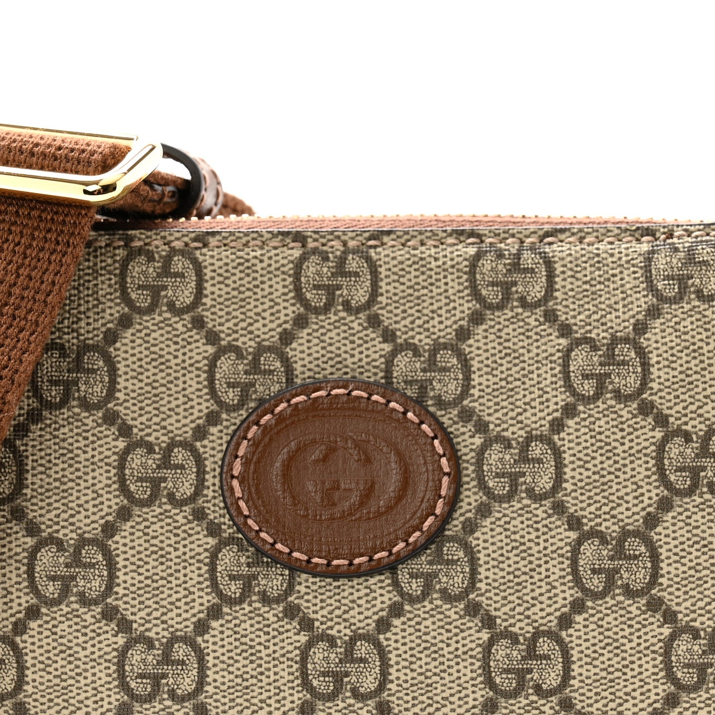 GG Supreme Monogram Azalea Calfskin Small Retro Interlocking G Wristlet Messenger Bag Beige Ebony Brown Sugar