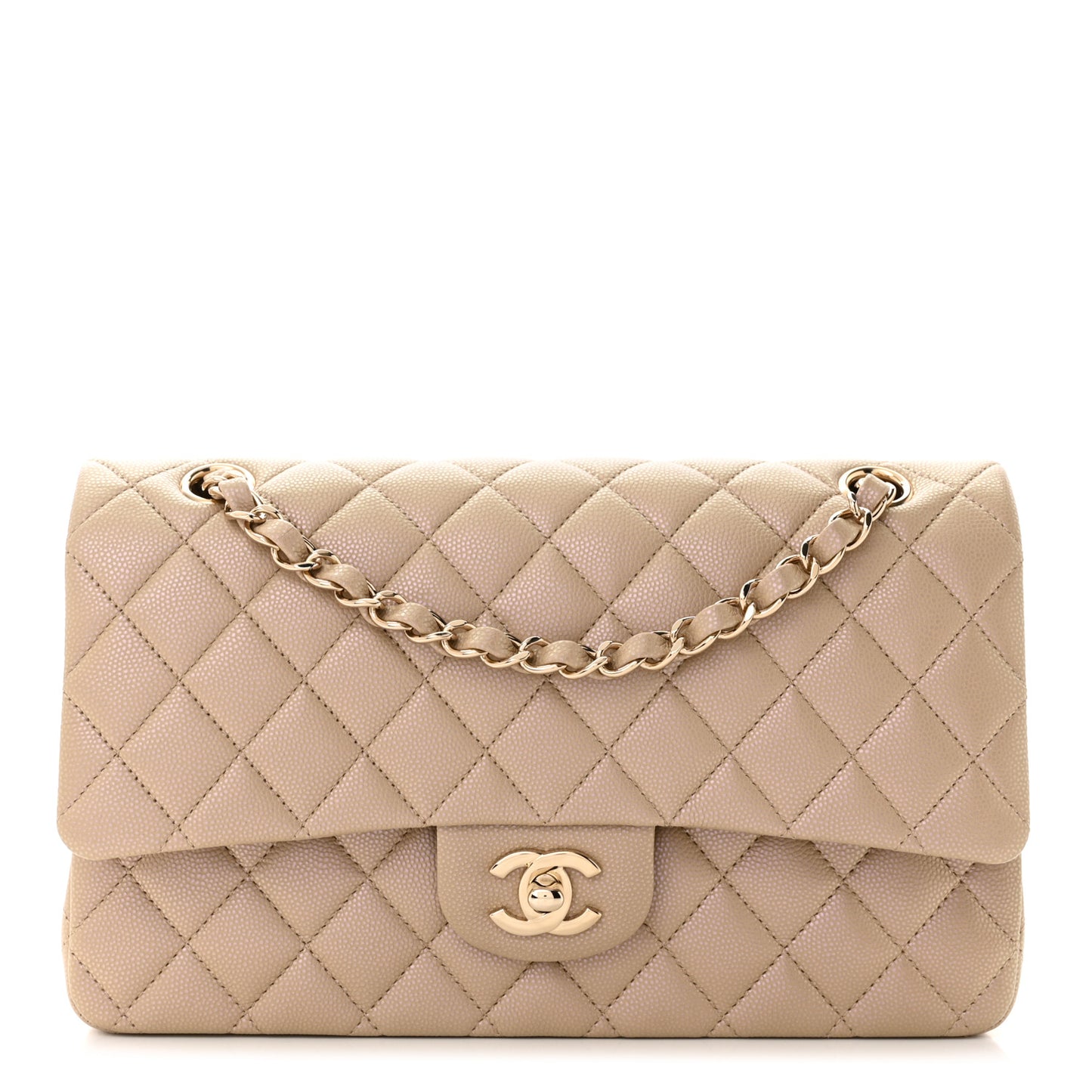 Iridescent Caviar Quilted Medium Double Flap Dark Beige