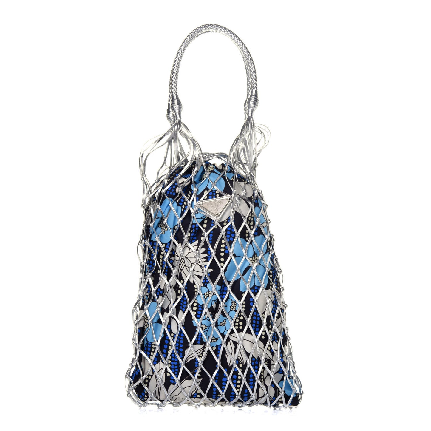 Nylon Floral Print Net Tote Silver Blue