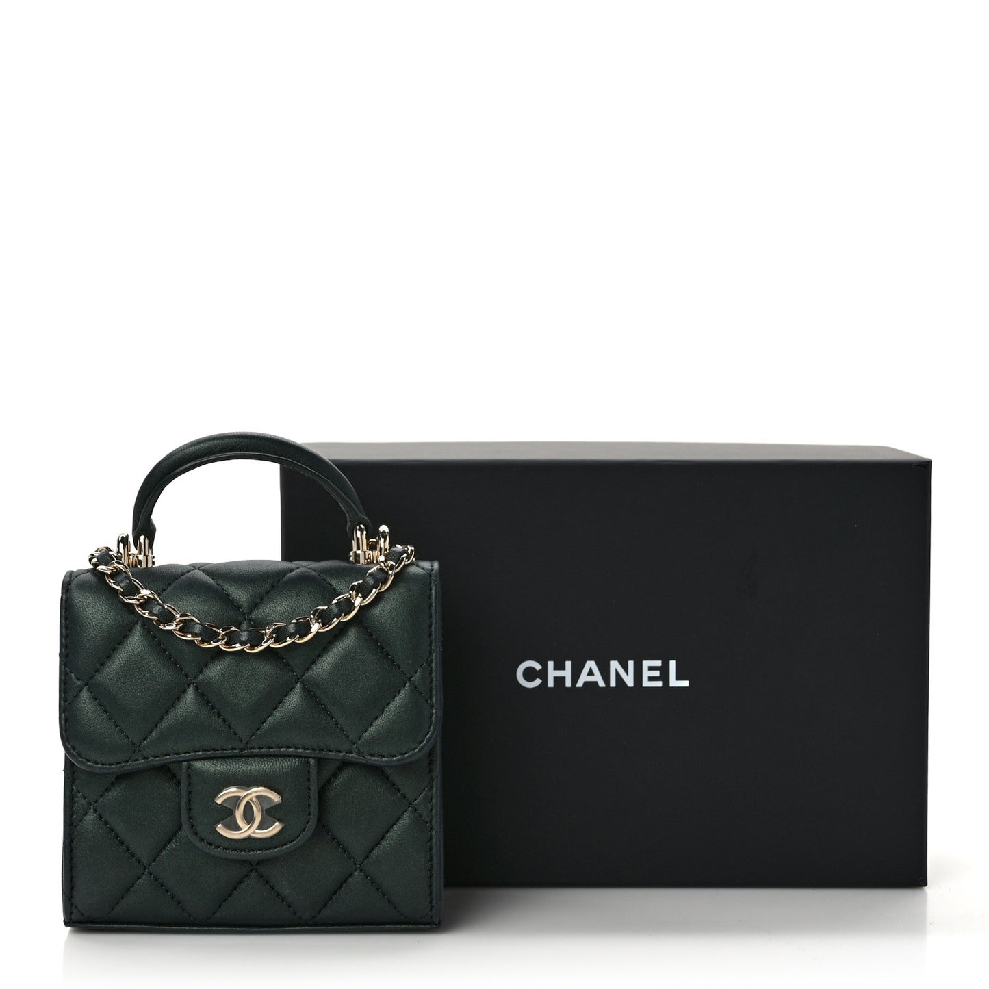 Iridescent Lambskin Quilted Top Handle Flap Clutch With Chain Dark Green