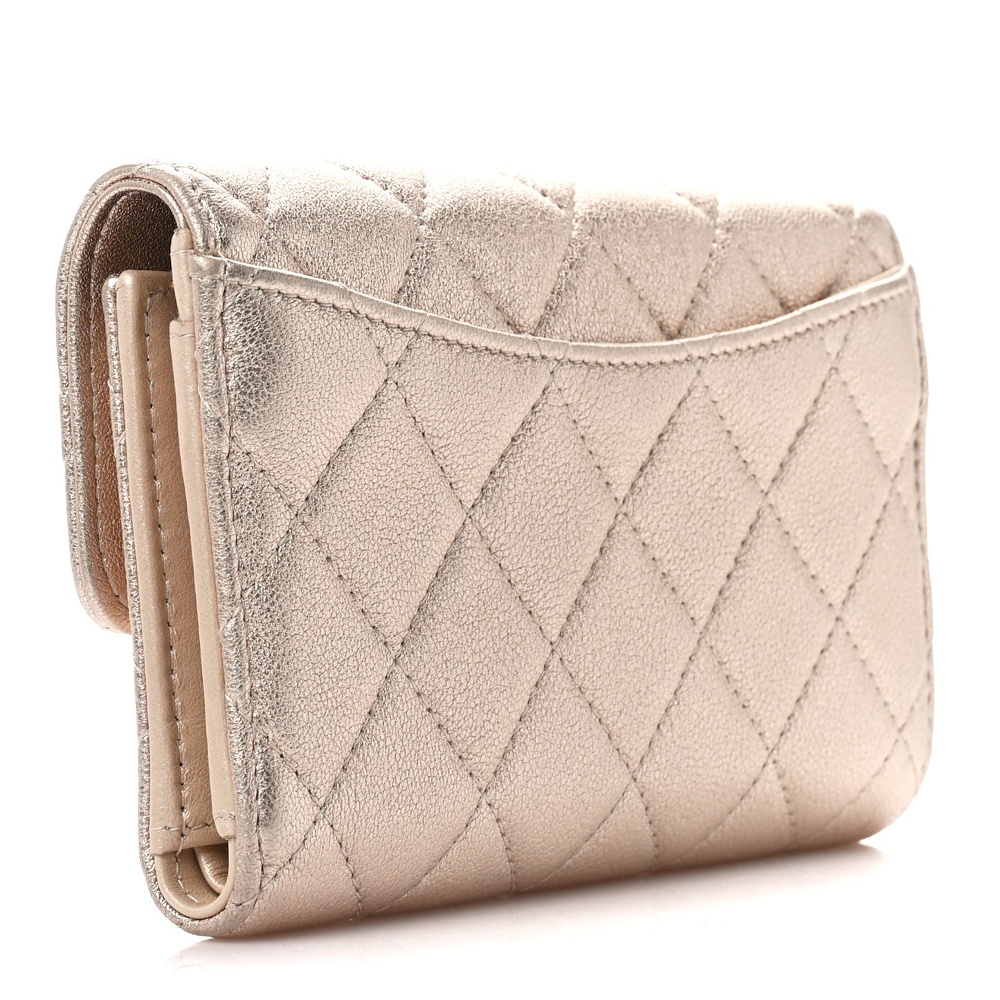 Metallic Lambskin Quilted Medium Flap Wallet Gold