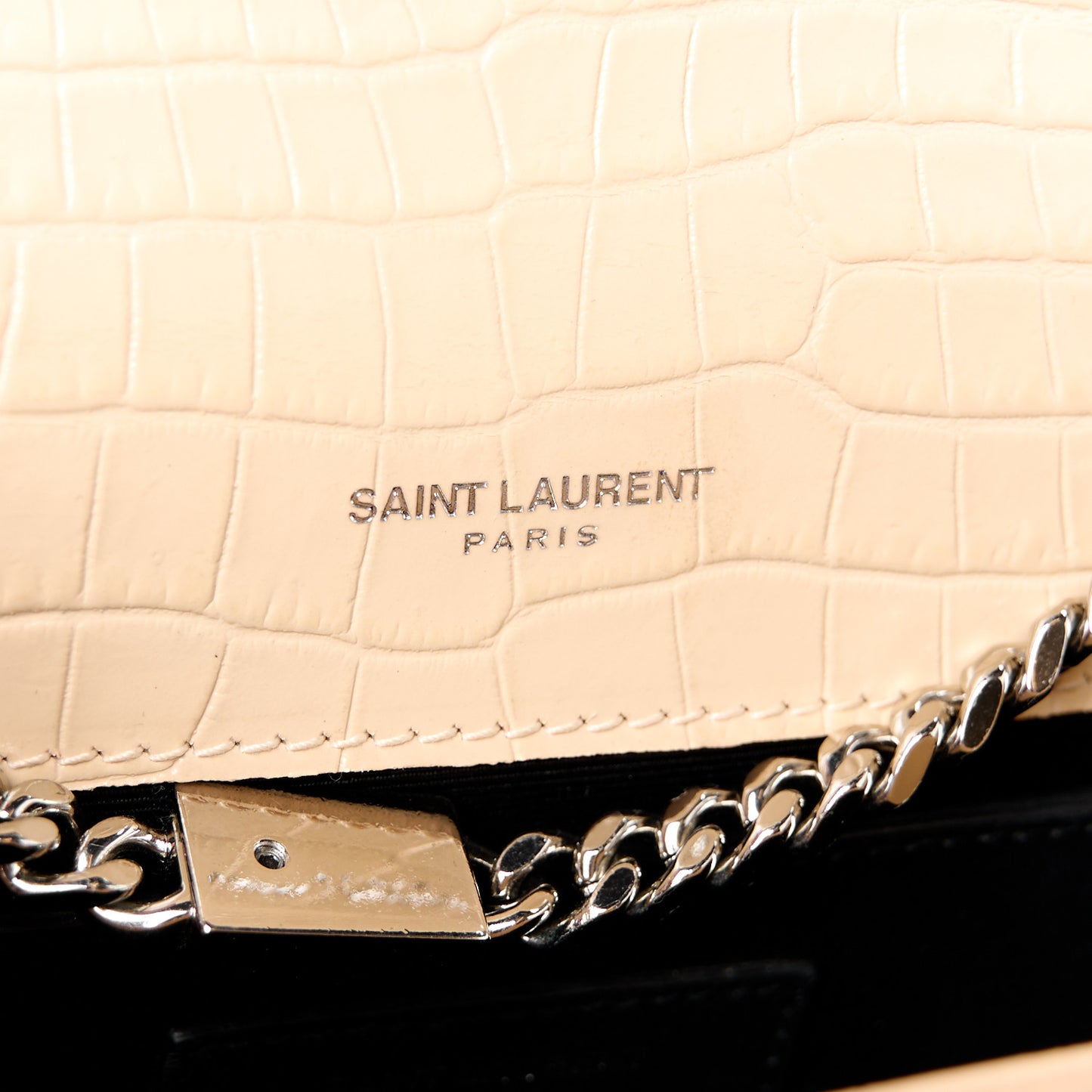 Calfskin Crocodile Embossed Small Classic Monogram Kate Tassel Satchel Nude Powder