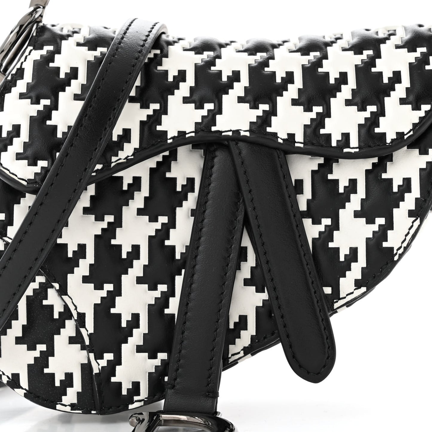 Calfskin Macro Houndstooth Embossed Micro Saddle Bag Black White