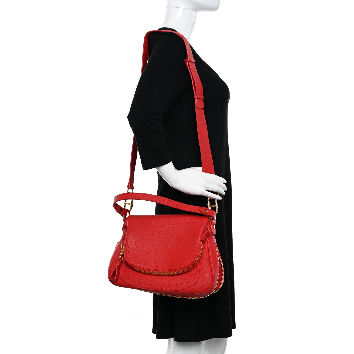 Grained Calfskin Medium Double Strap Jennifer Crossbody Red