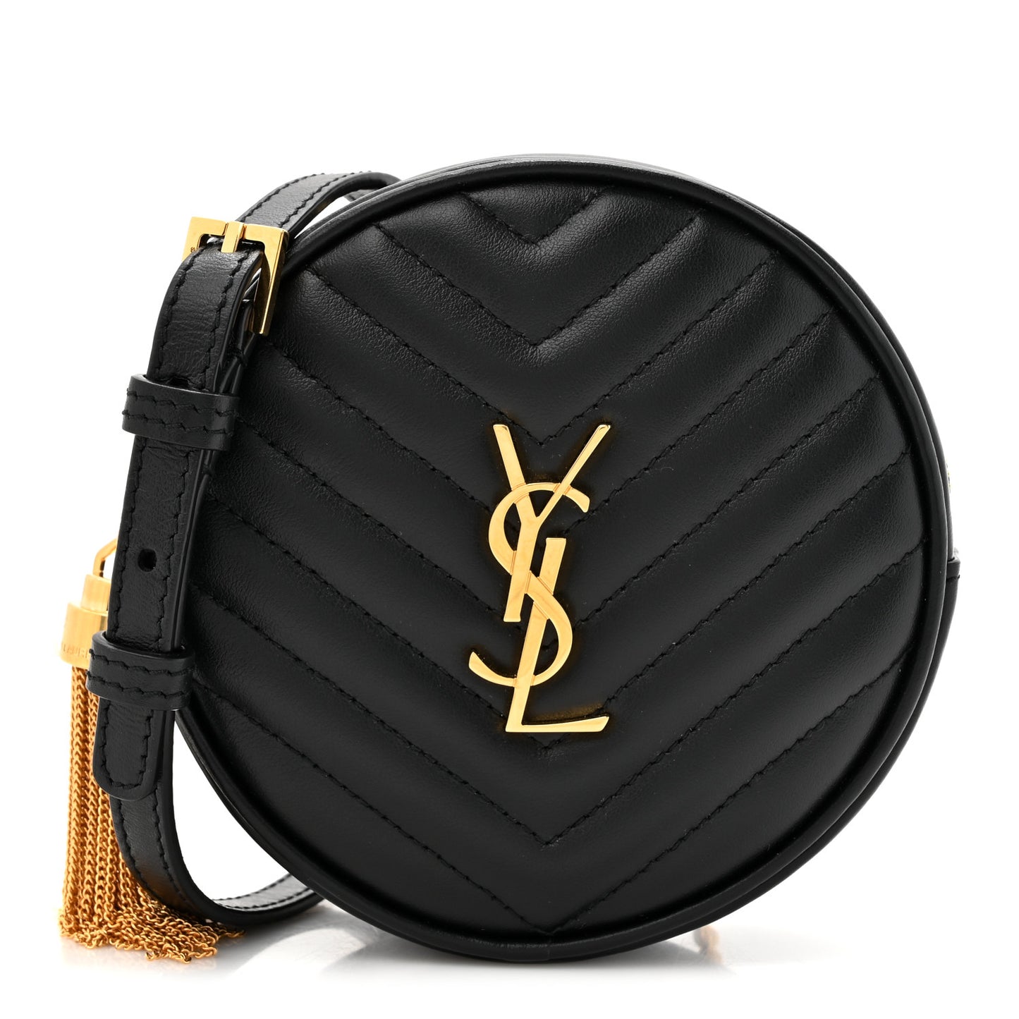 Calfskin Matelasse Chevron Quilted Baby Round Vinyle Belt Bag Black