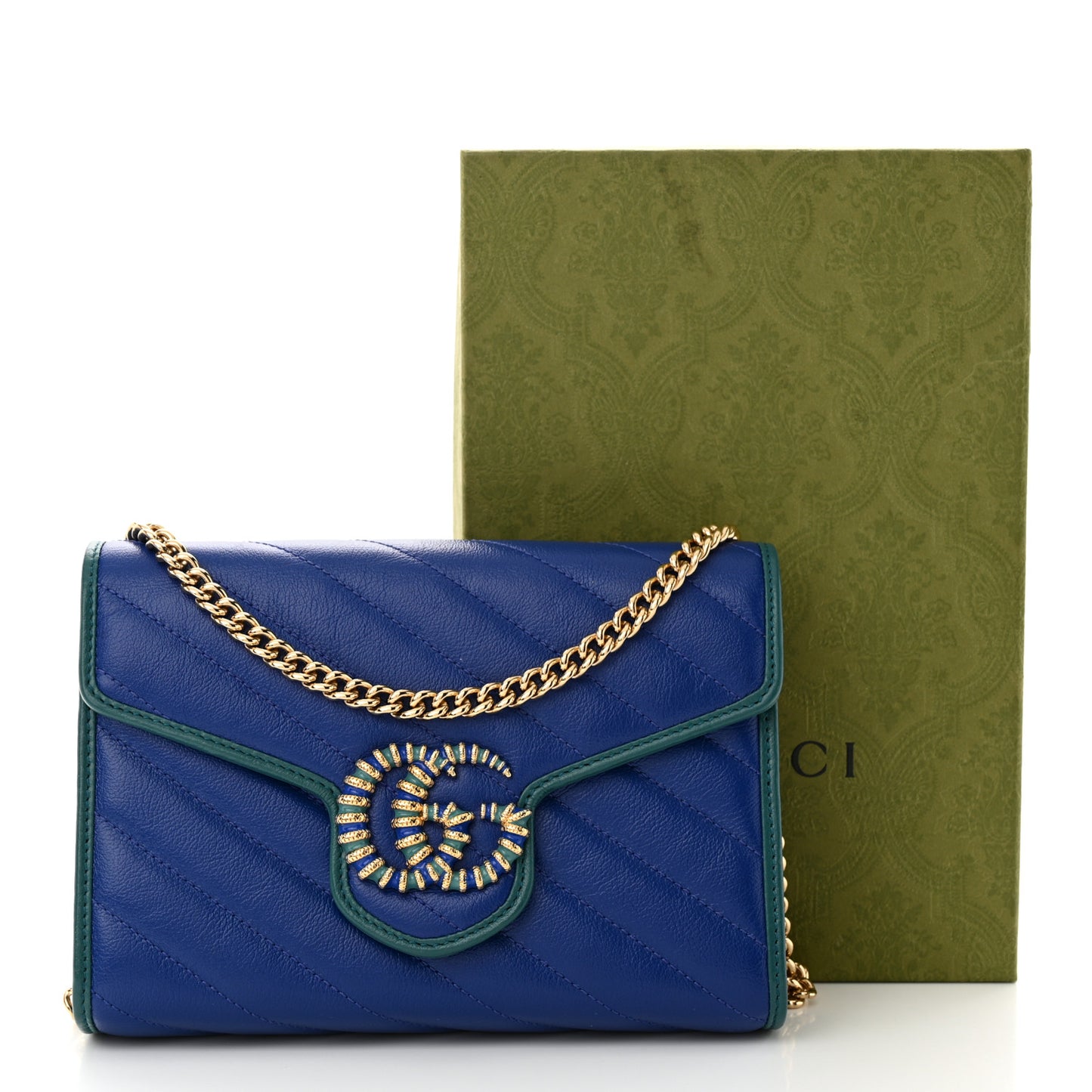 Azalea Calfskin Enamel Matelasse Diagonal Torchon GG Marmont Chain Wallet Imperial Blue Pavone