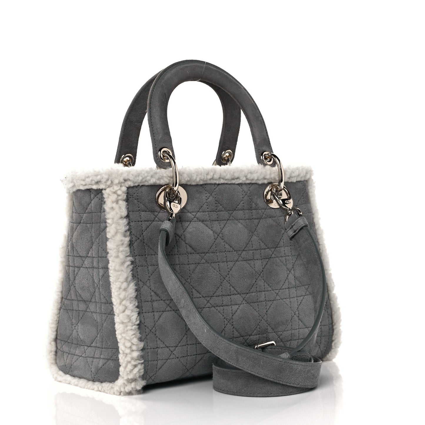 Suede Shearling Cannage Small Lady Dior Gray