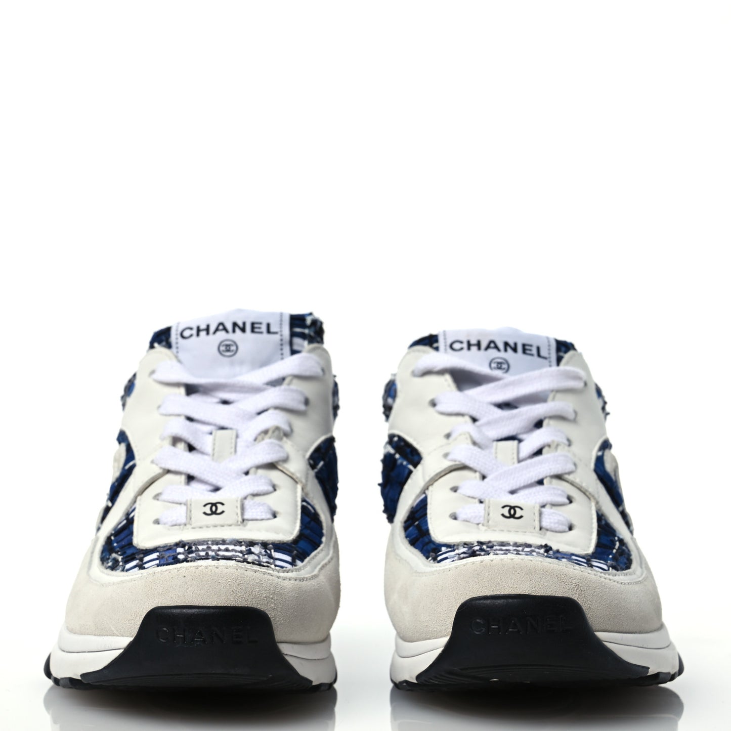Tweed Suede Calfskin Womens CC Sneakers 38.5 Dark Blue Black Grey White