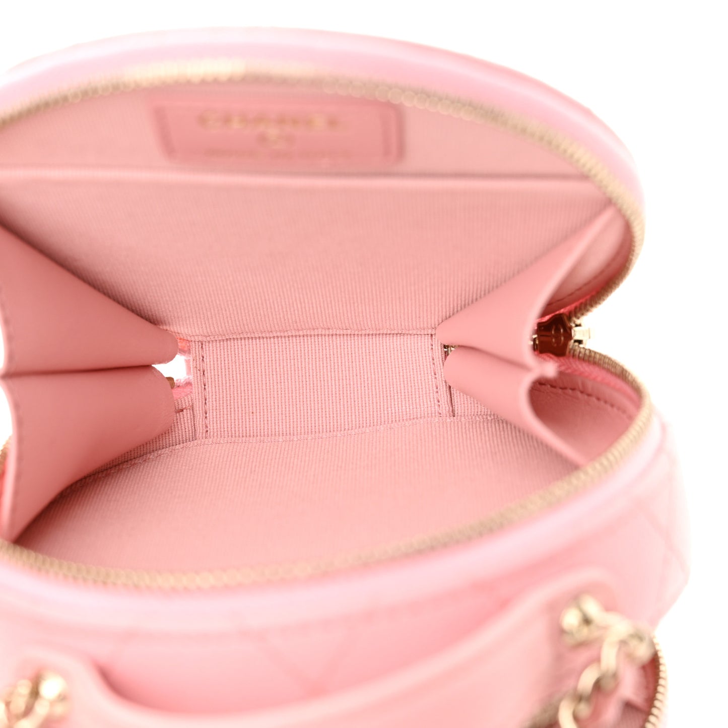 Caviar Quilted Round Handle With Care Vanity With Chain Pink