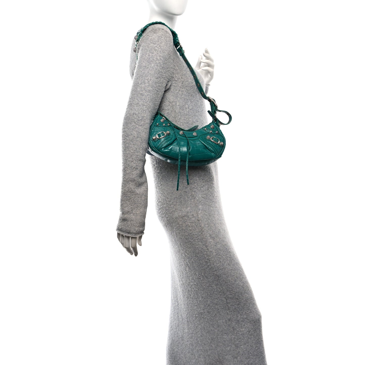 Extra Supple Calfskin Crystal Crocodile Embossed Le Cagole Shoulder Bag XS Jade