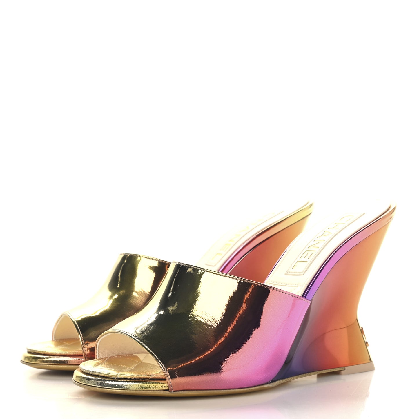 Laminated Calfskin Wedge Mules 38 Pink Orange Yellow