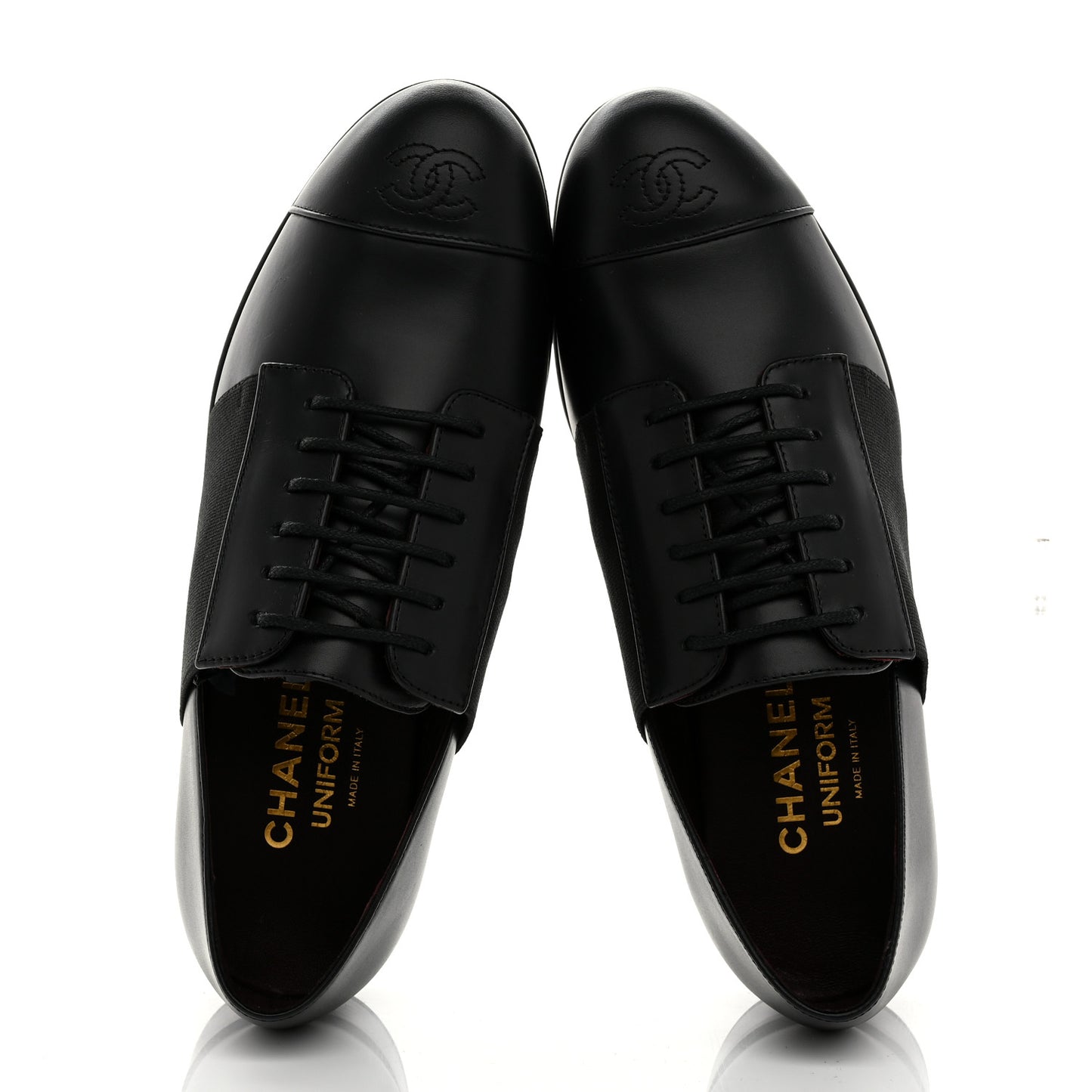 Calfskin Elastic Lace Up Cap Toe CC Loafers 36 Black