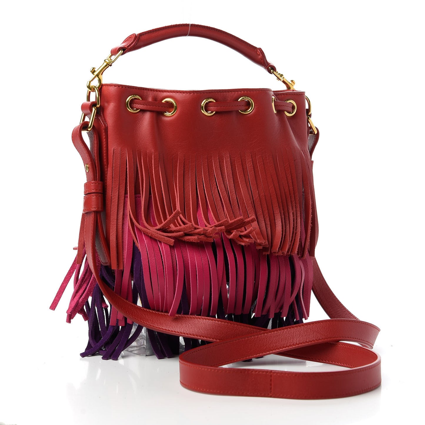 Calfskin Tri-Color Small Emmanuelle Fringe Bucket Bag Red Bubblegum Purple