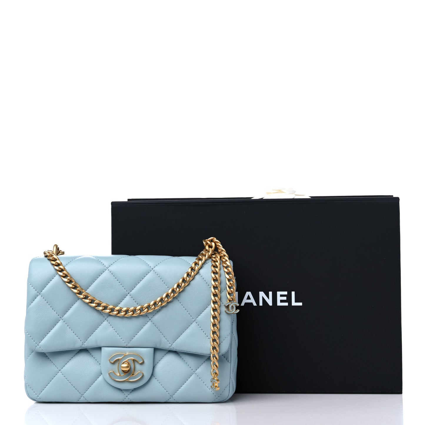 Lambskin Enamel Quilted Small Pending CC Square Flap Light Blue