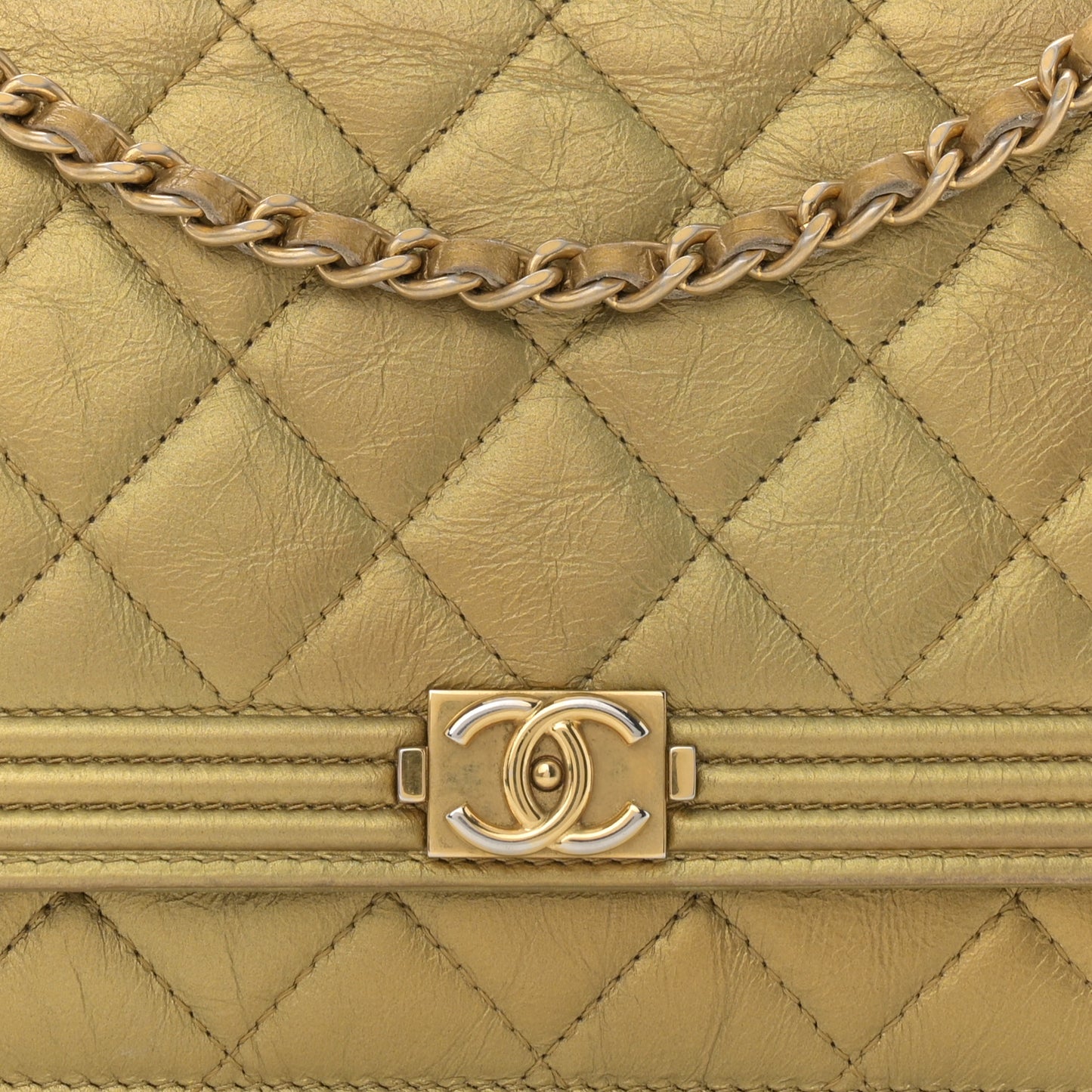 Distressed Calfskin Quilted Boy Wallet On Chain WOC Gold