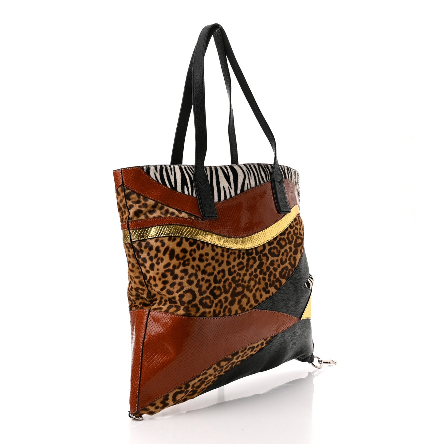 Metallic Calfskin Snakeskin Embossed Pony Hair Print Nomad Patchwork Tote Bag Black Multicolor