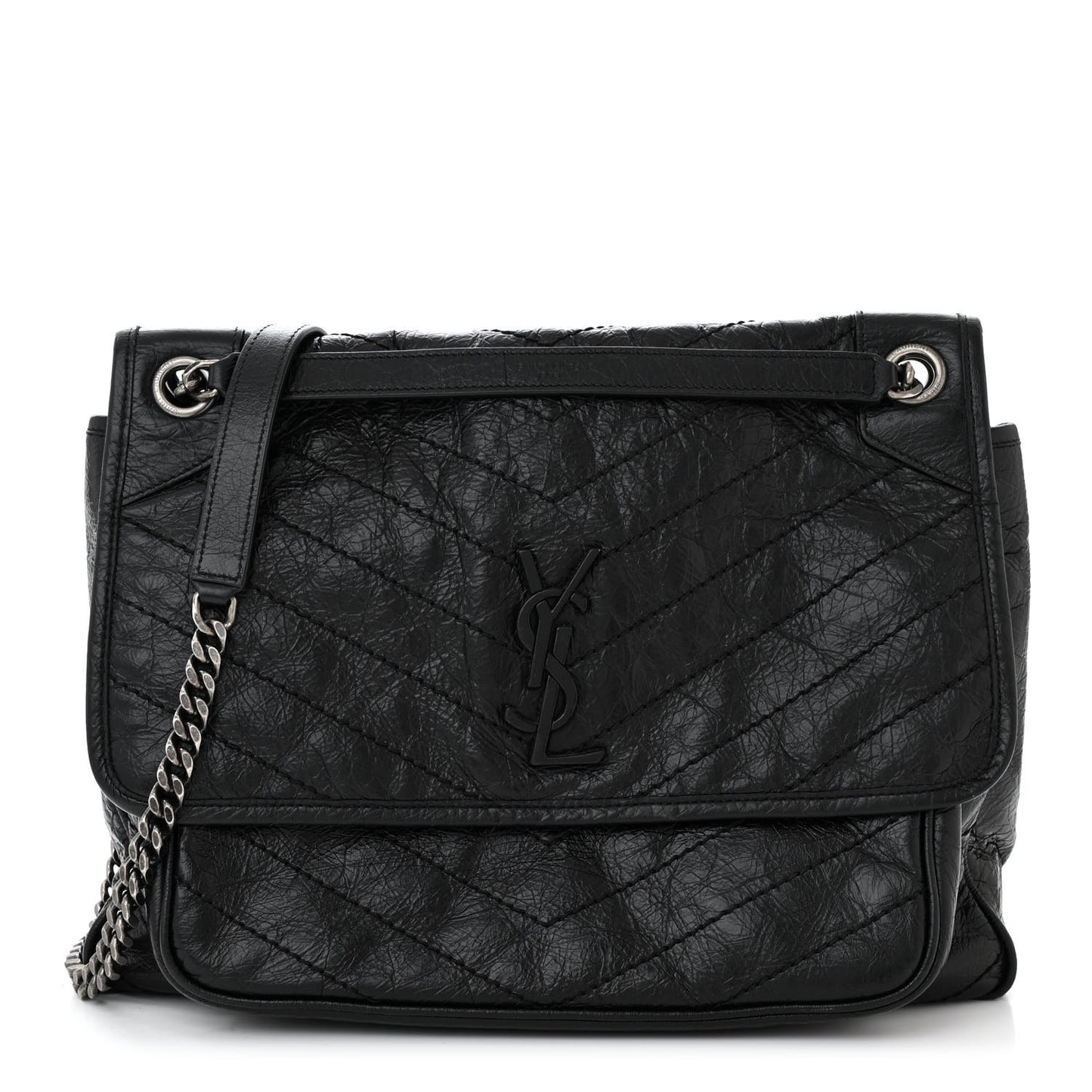 Crinkled Calfskin Matelasse Monogram Large Niki Chain Satchel Black