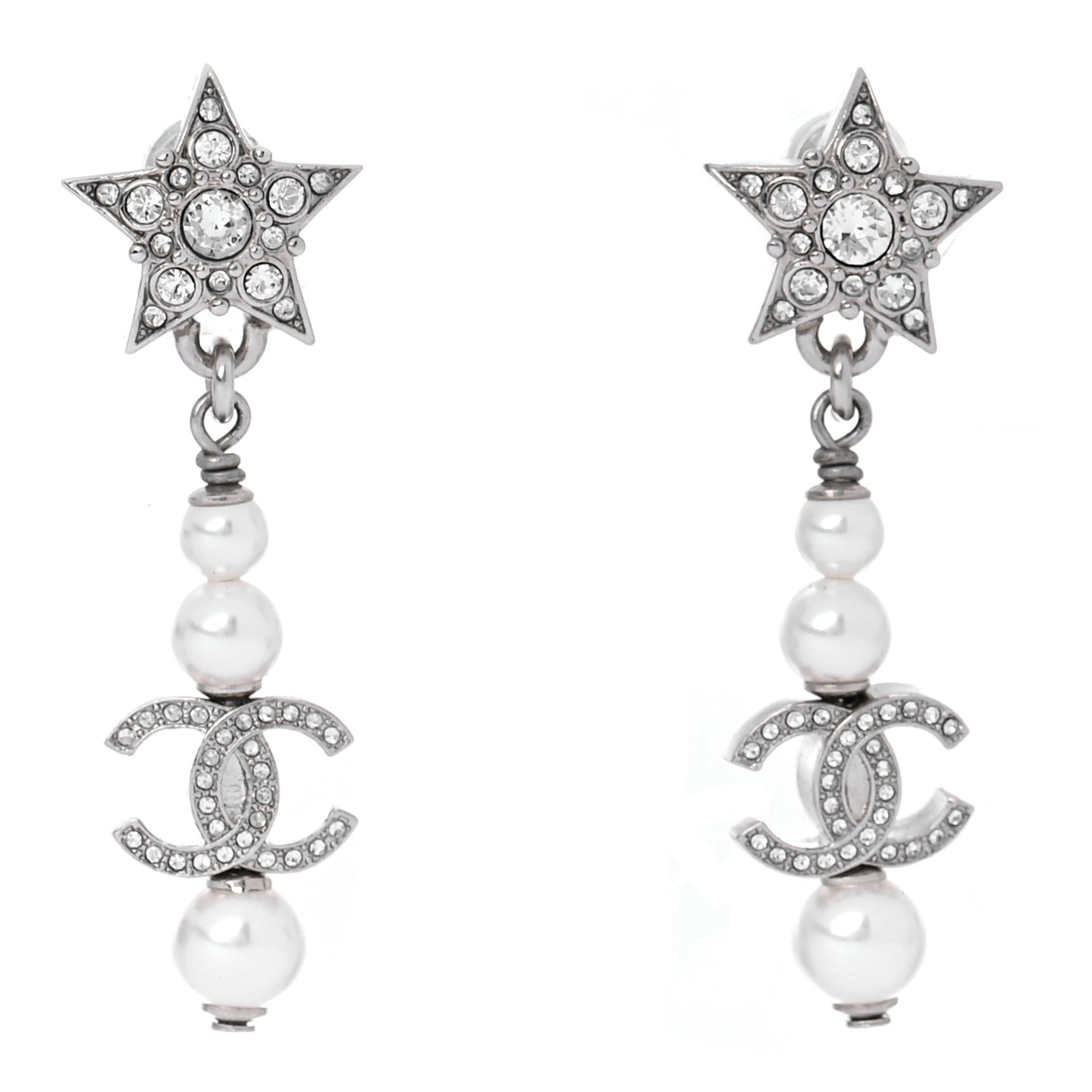 Crystal Pearl CC Star Drop Earrings Silver