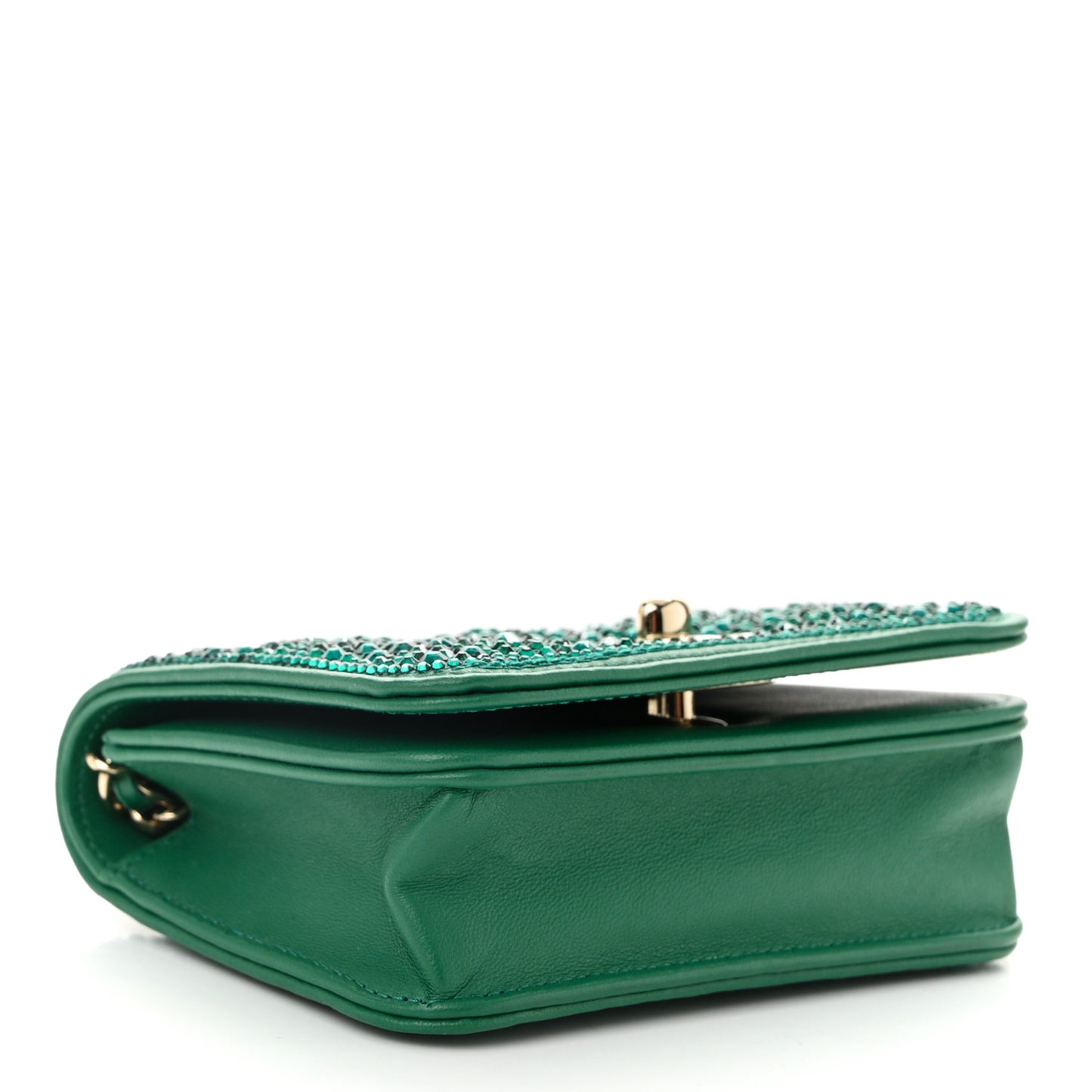 Lambskin Crystal Diamante Clutch With Chain Green