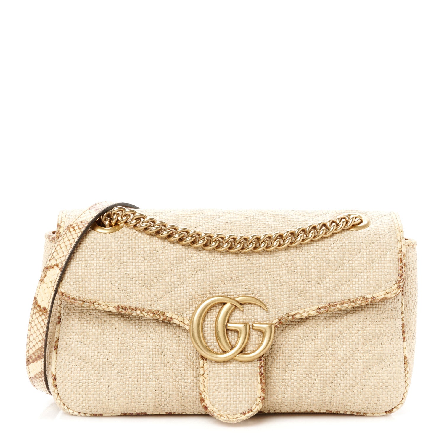 Gucci Raffia Elaphe Matelasse Small GG Marmont Shoulder Bag Natural Cream Brown 1 of 10