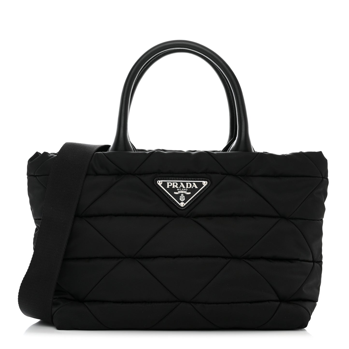 Re-Nylon Nappa Triangle Quilted Padded Small Double Handled Zip Tote Black