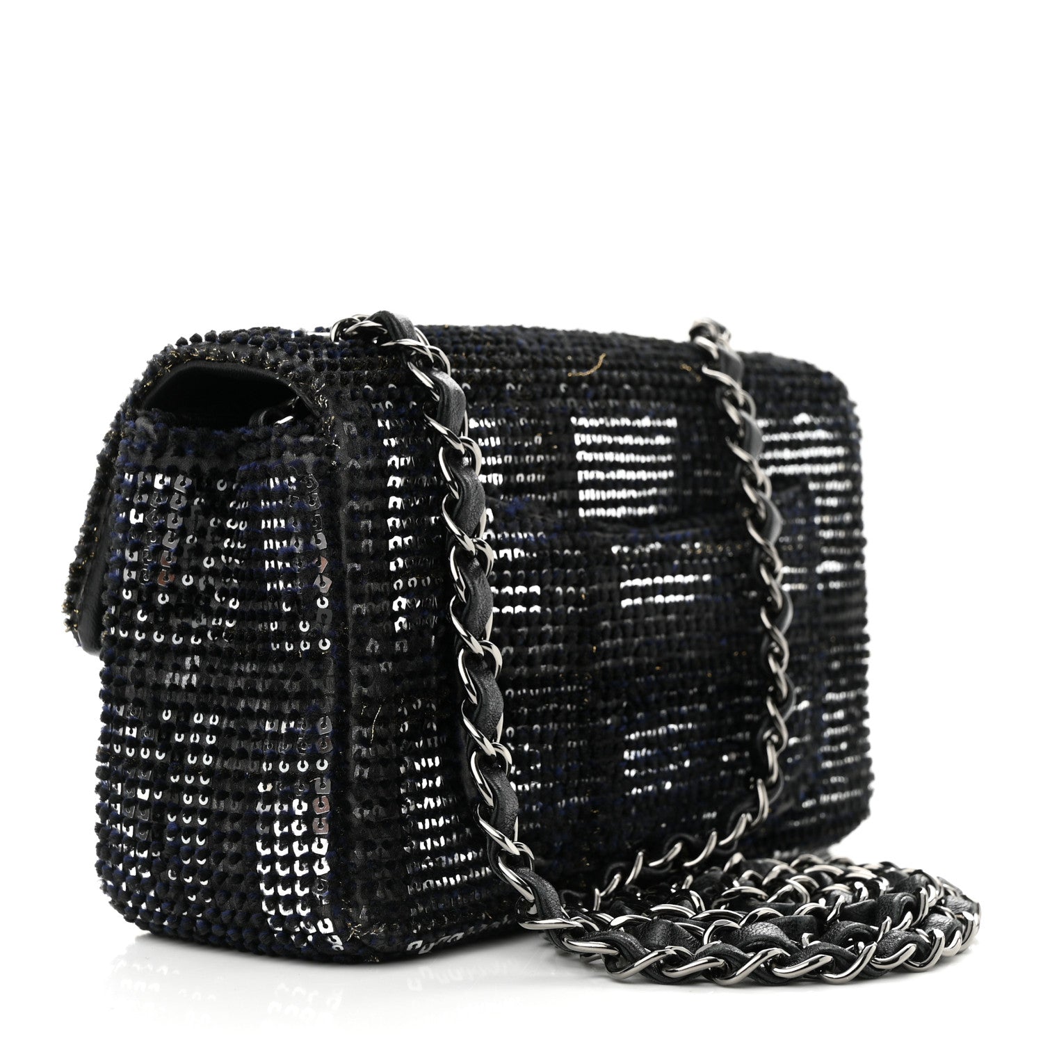 Chanel Sequin Mini Rectangular Single Flap Black Silver 3 of 11