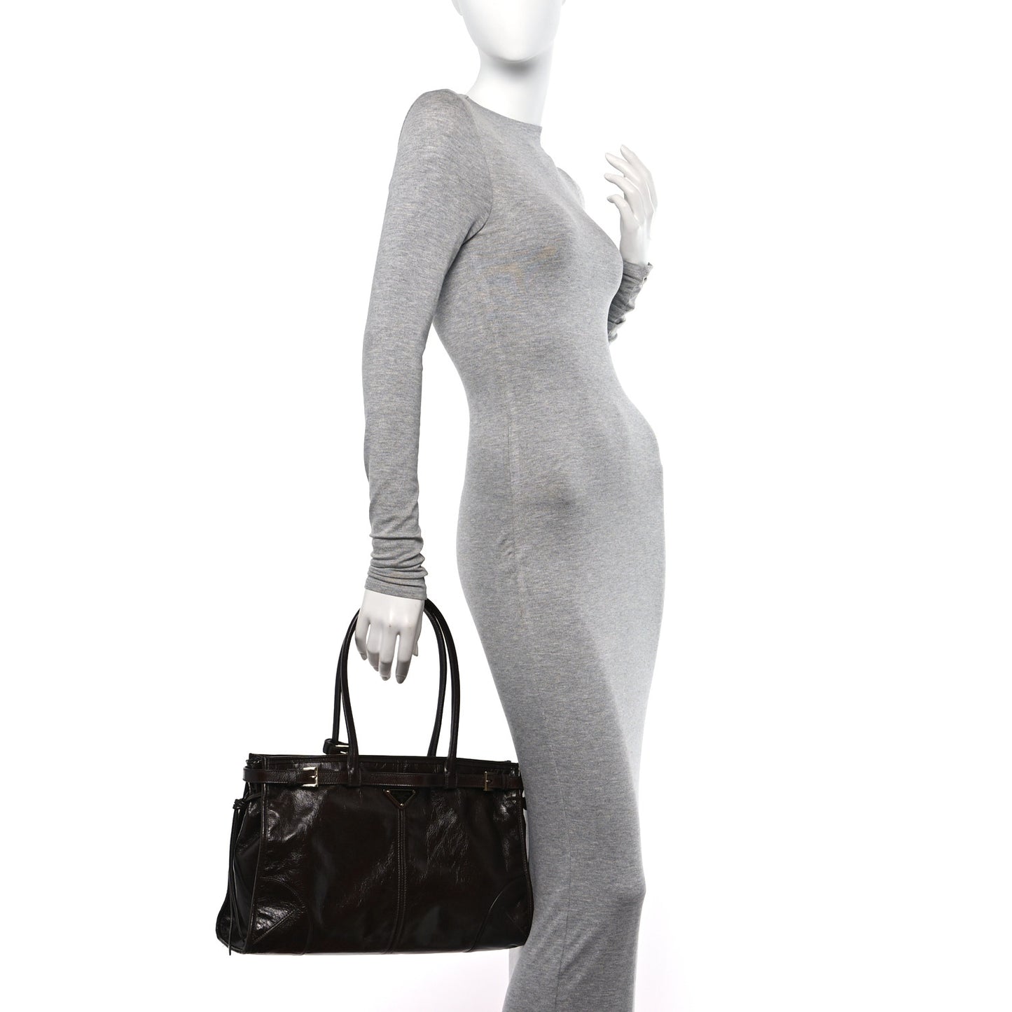 Shiny Nappa Large Shoulder Bag Dark Brown
