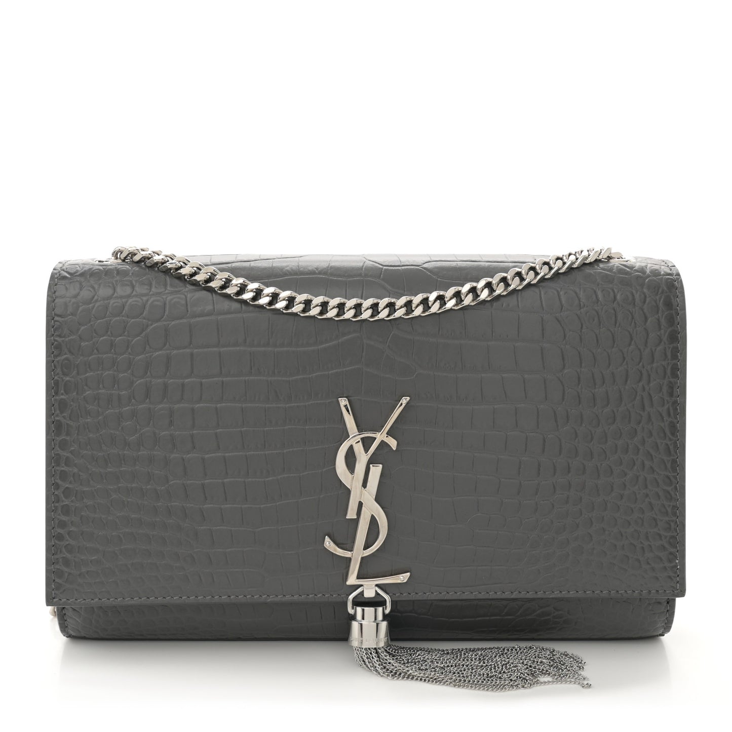 Calfskin Crocodile Embossed Medium Classic Monogram Kate Tassel Satchel Storm