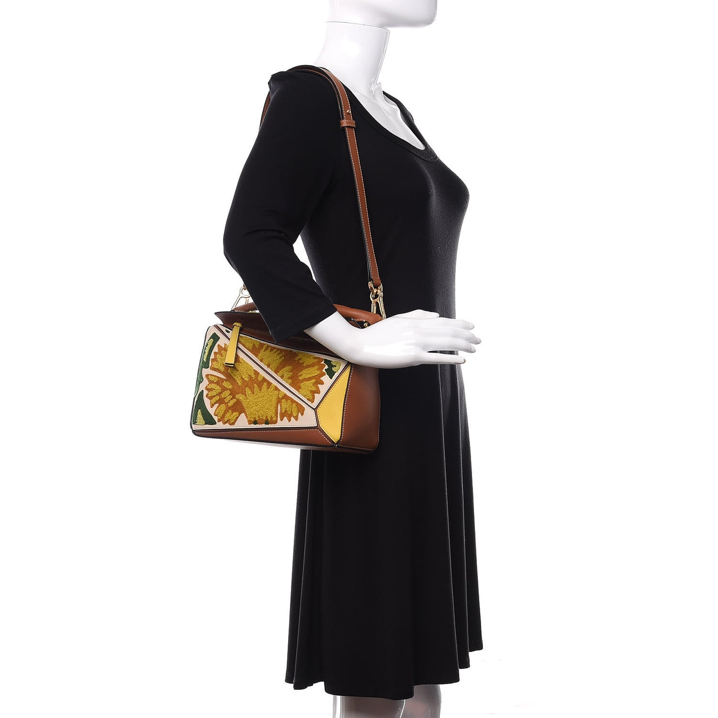 Calfskin Embroidered Floral Small Puzzle Bag Tan Yellow