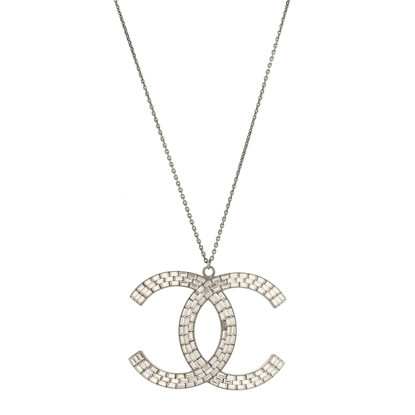 Baguette Crystal Large CC Pendant Necklace Silver