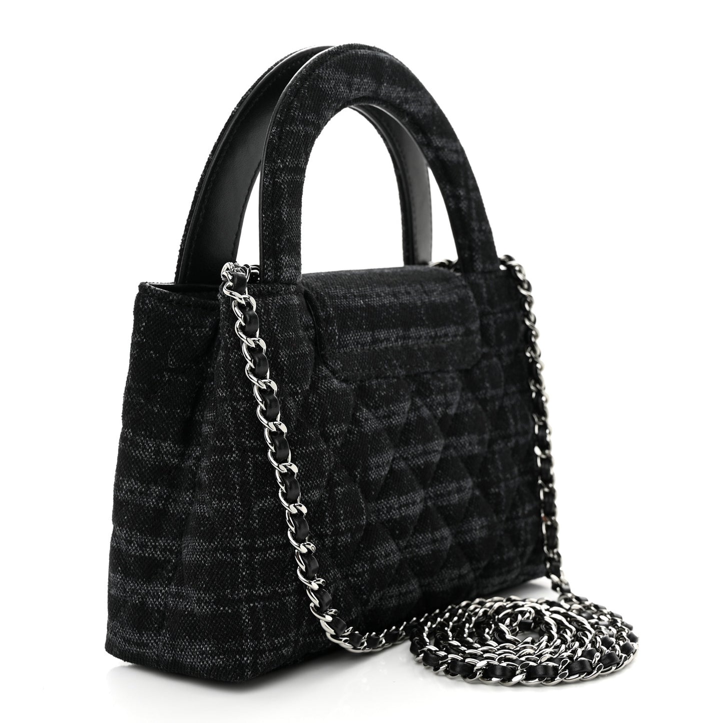 Printed Denim Quilted Nano Kelly Shopper Black Grey