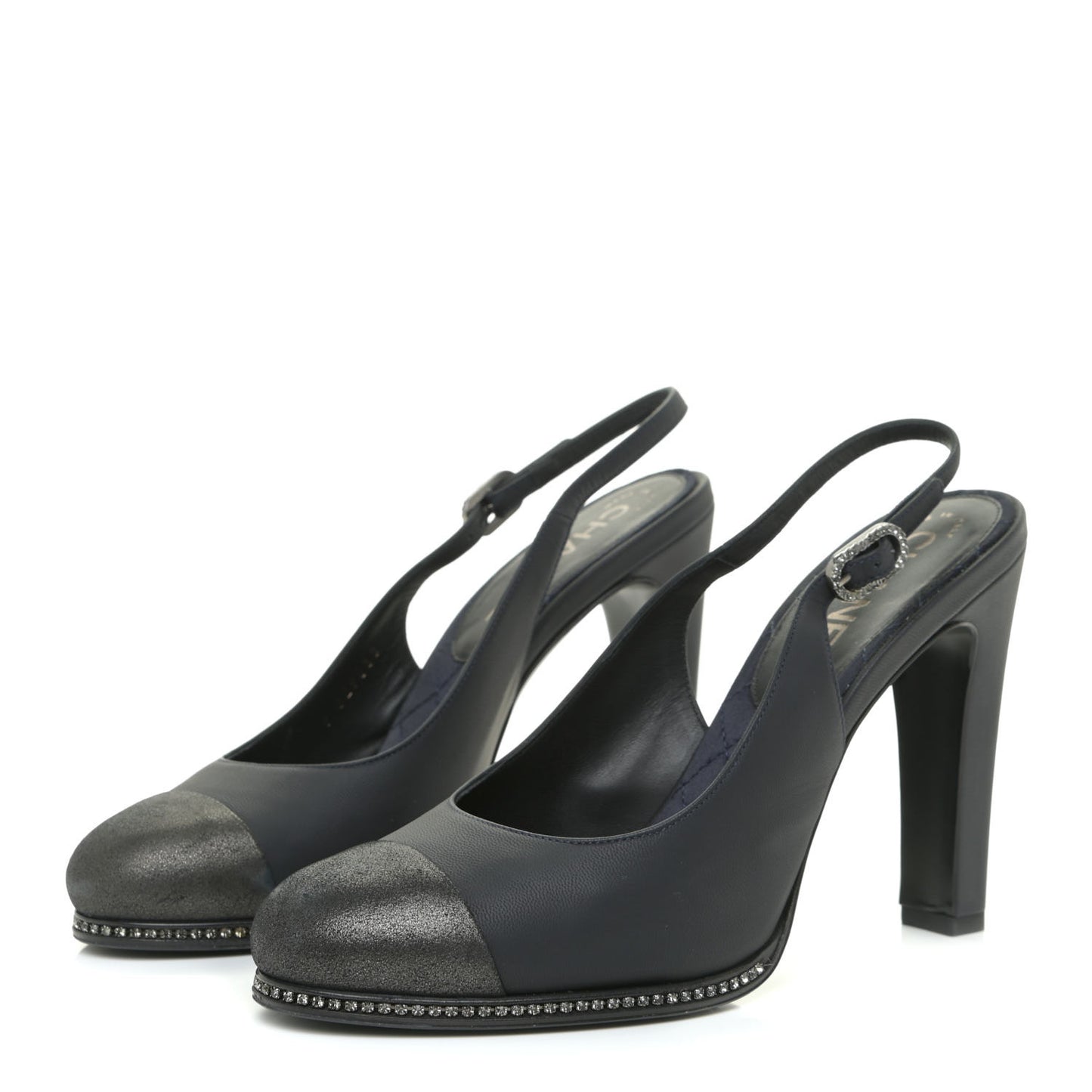 Crystal Cap Toe Slingback Pumps 38.5 Marine Gris Fonce