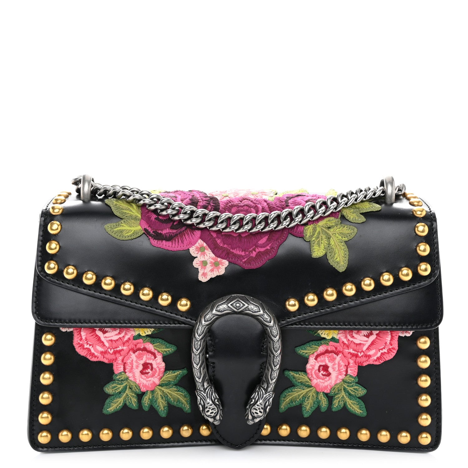 Gucci Calfskin Floral Embroidered Studded Small Dionysus Shoulder Bag Black 1 of 10
