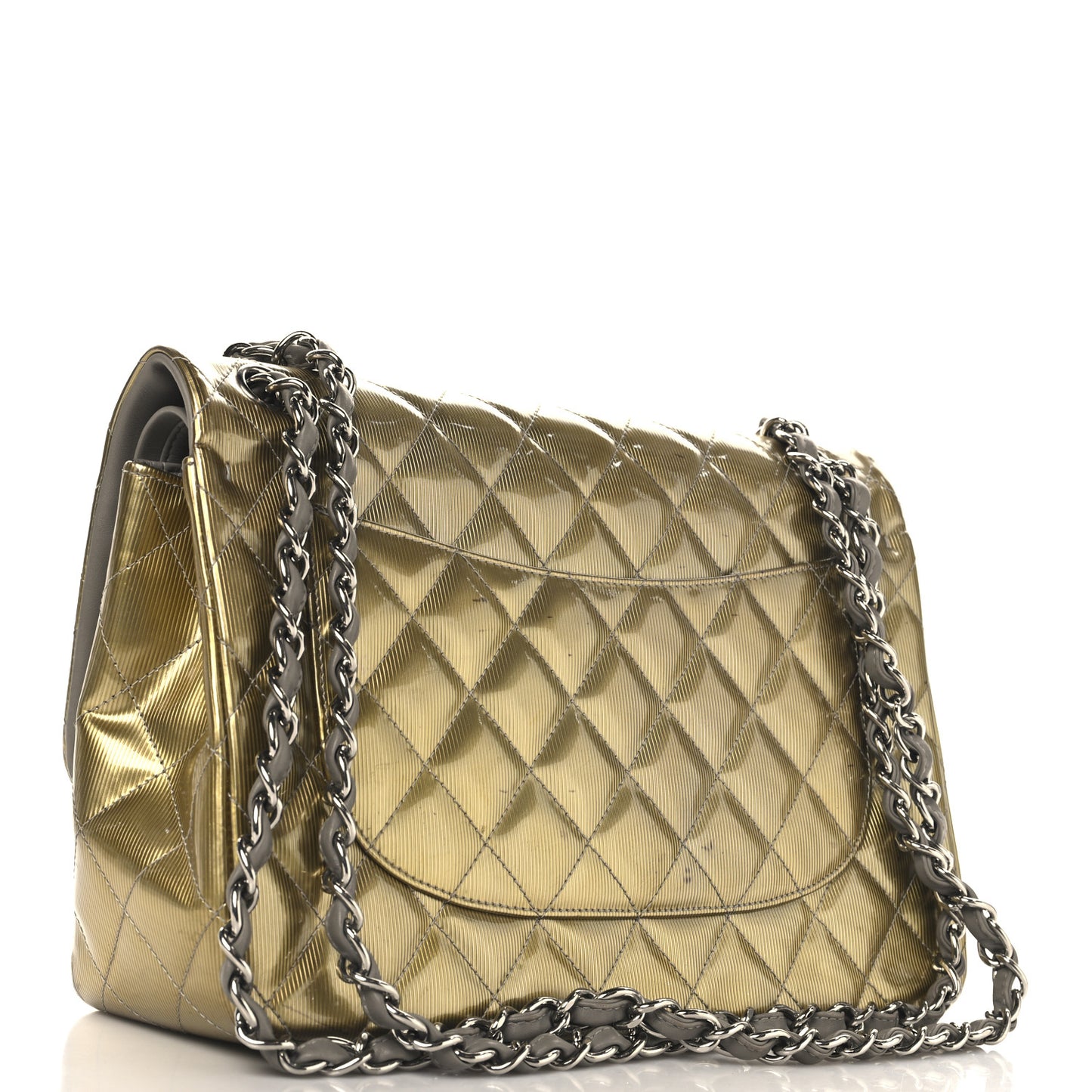 Striated Patent Quilted Jumbo Double Flap Gold
