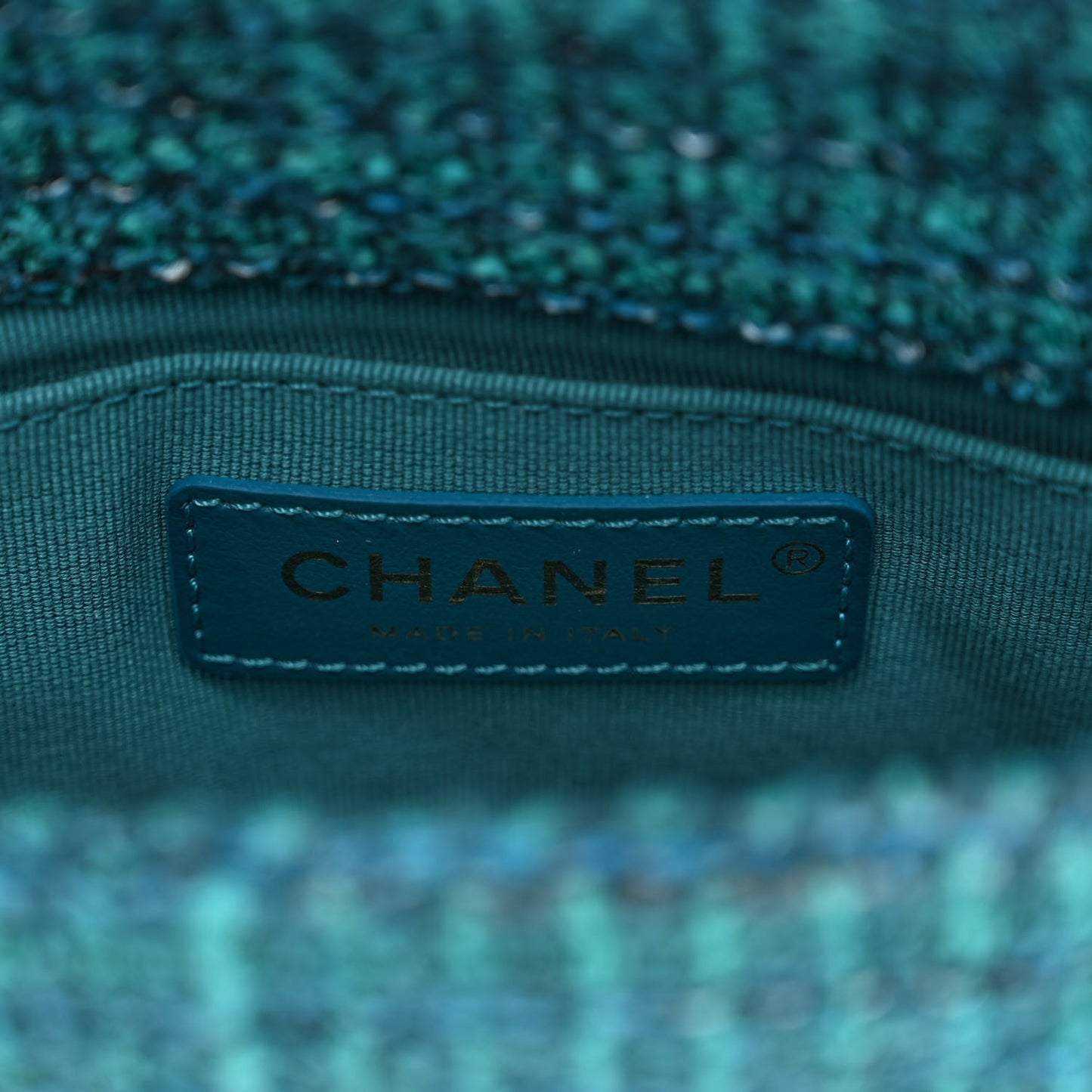 Tweed Enamel Quilted Pending CC Mini Square Flap Blue Green