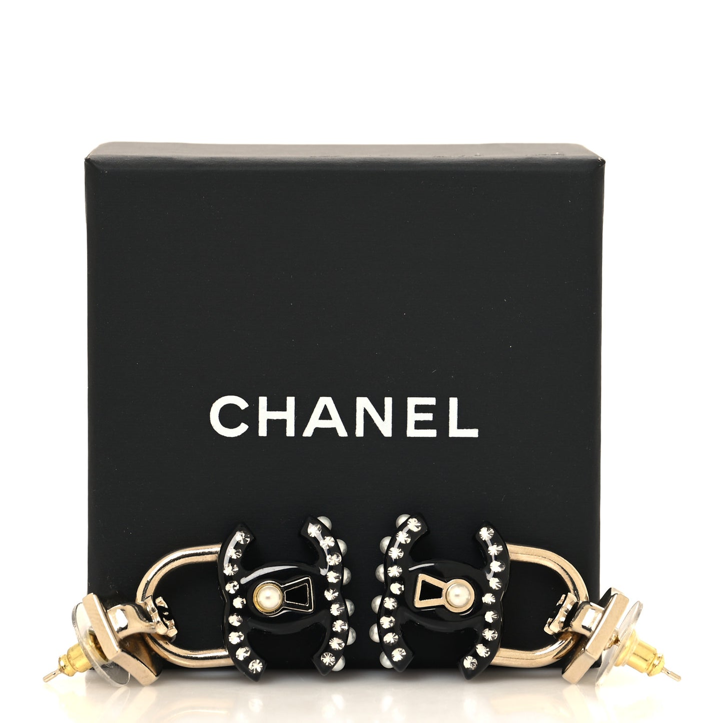 Metal Resin Crystal Pearl CC Lock Drop Earrings Gold Black
