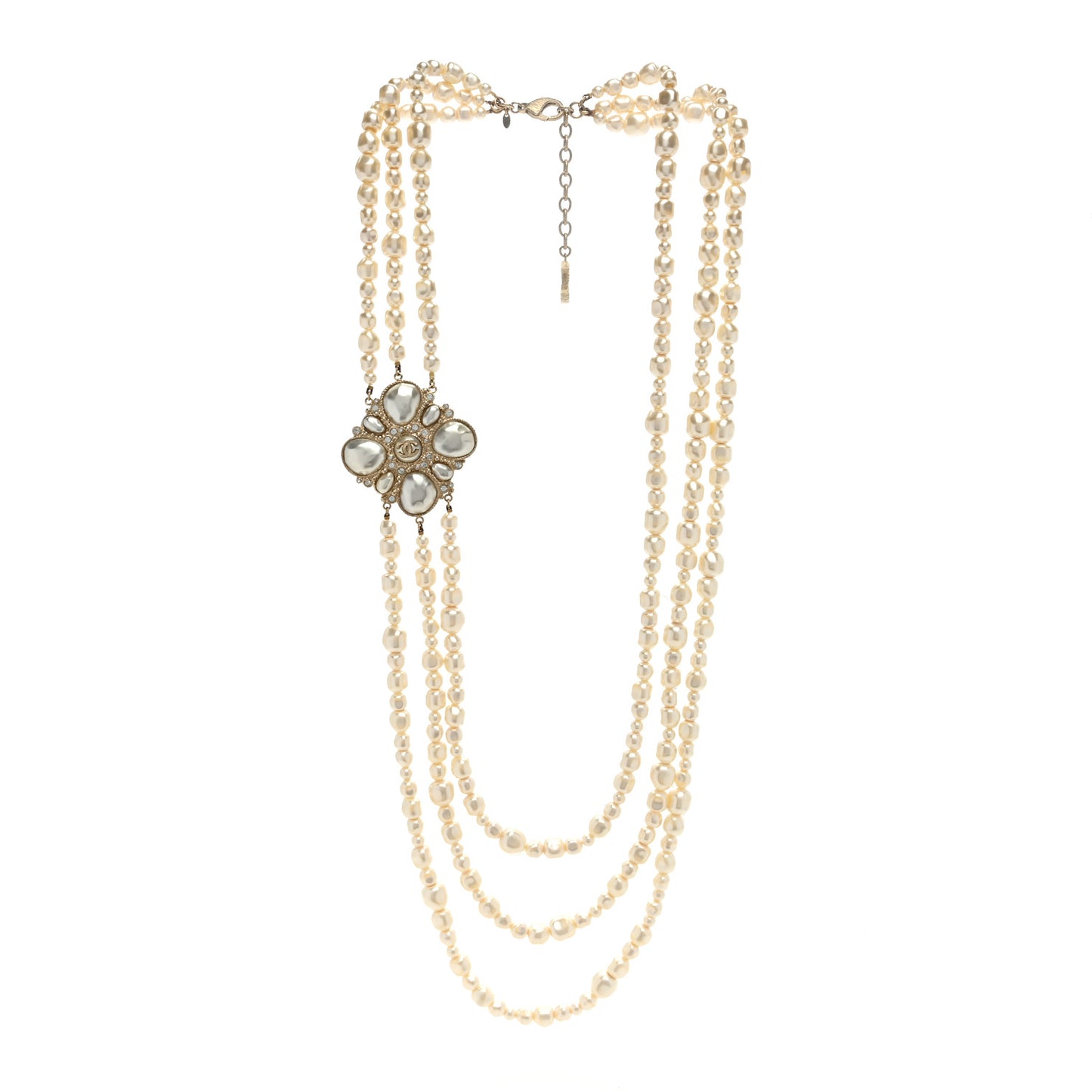 Graduated Pearl Crystal CC Multi Strand Necklace Gold