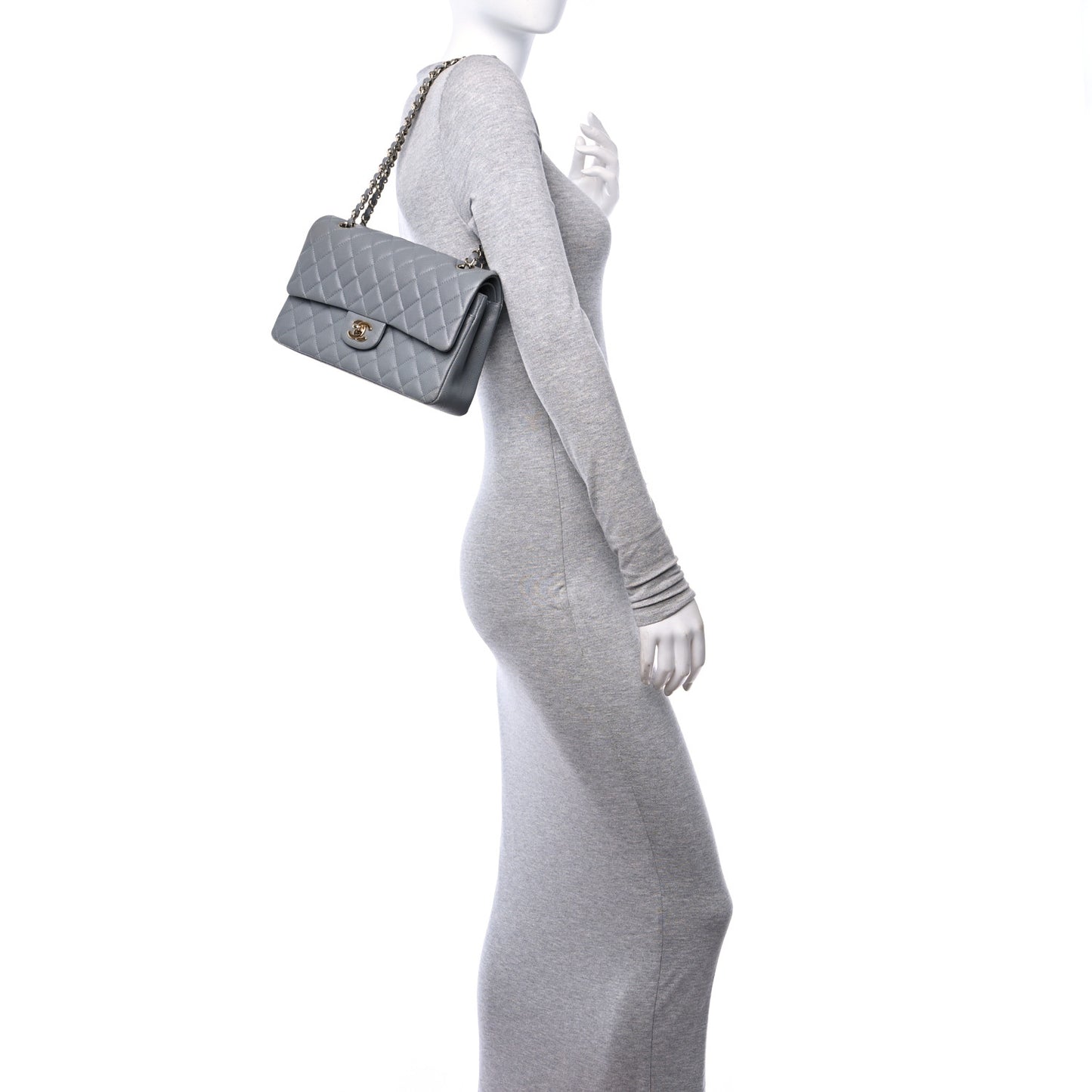 Caviar Quilted Medium Double Flap Grey