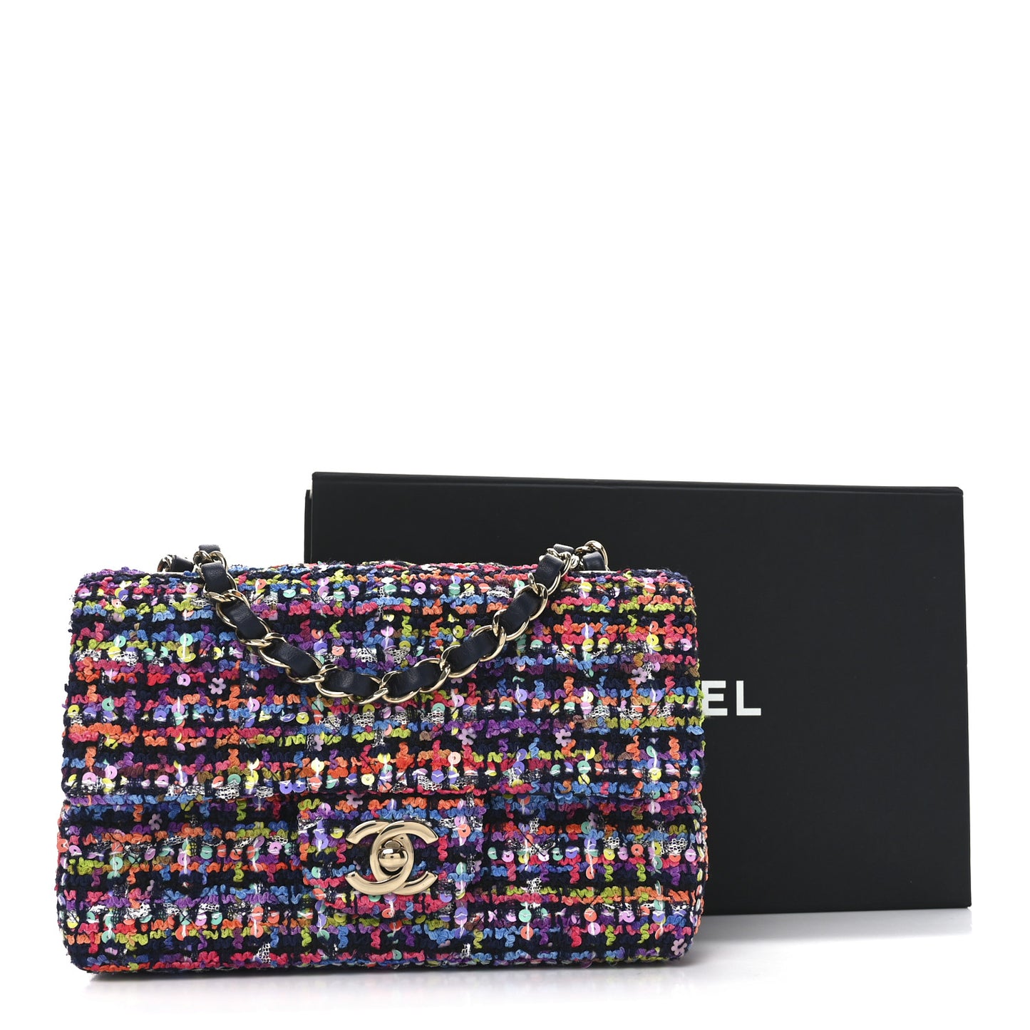 Tweed Quilted Mini Rectangular Flap Navy Blue Multicolor